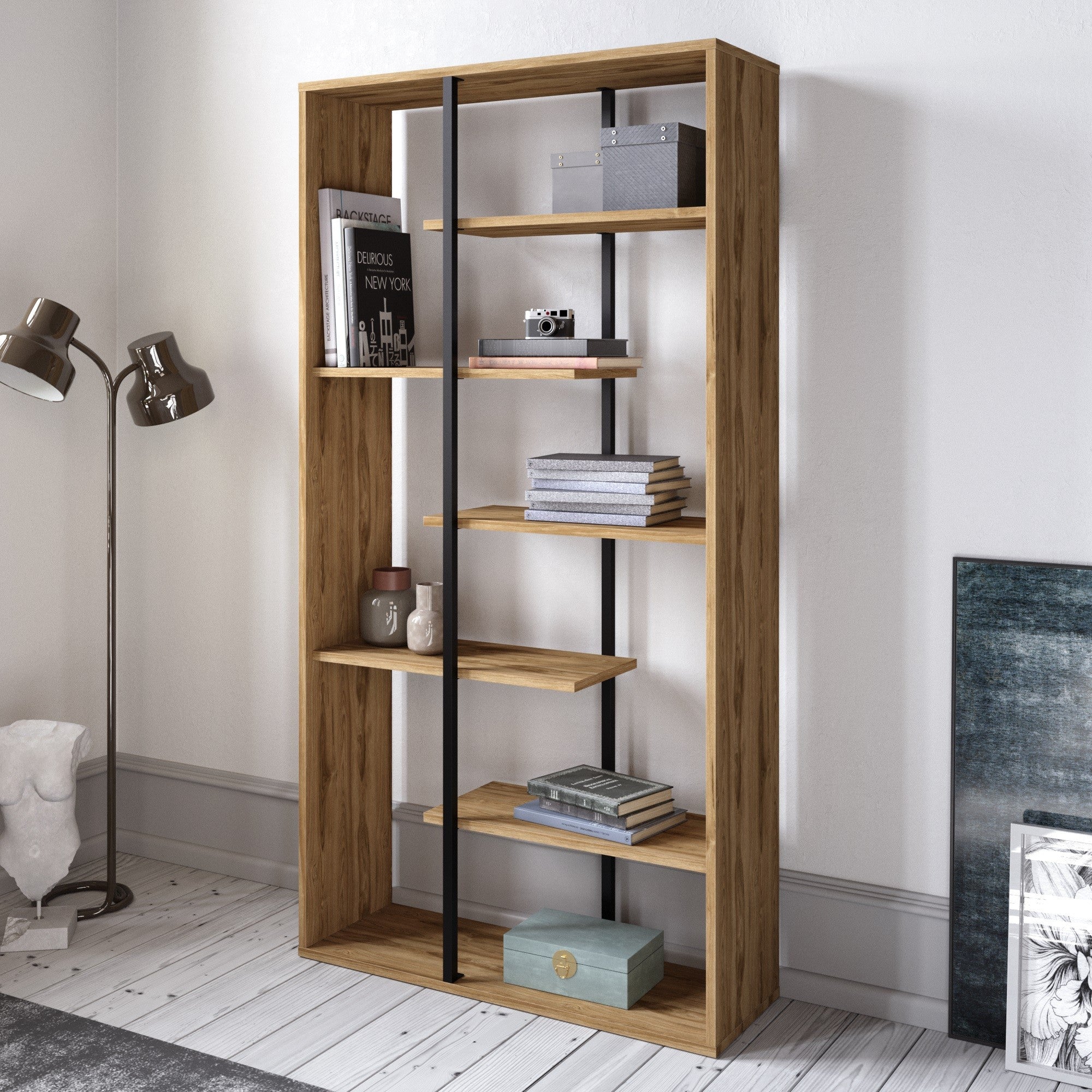 Estante Industrial Moderna – 90 x 173,2 x 29,5 cm – Nogueira e Preto – Painéis de partículas e metal