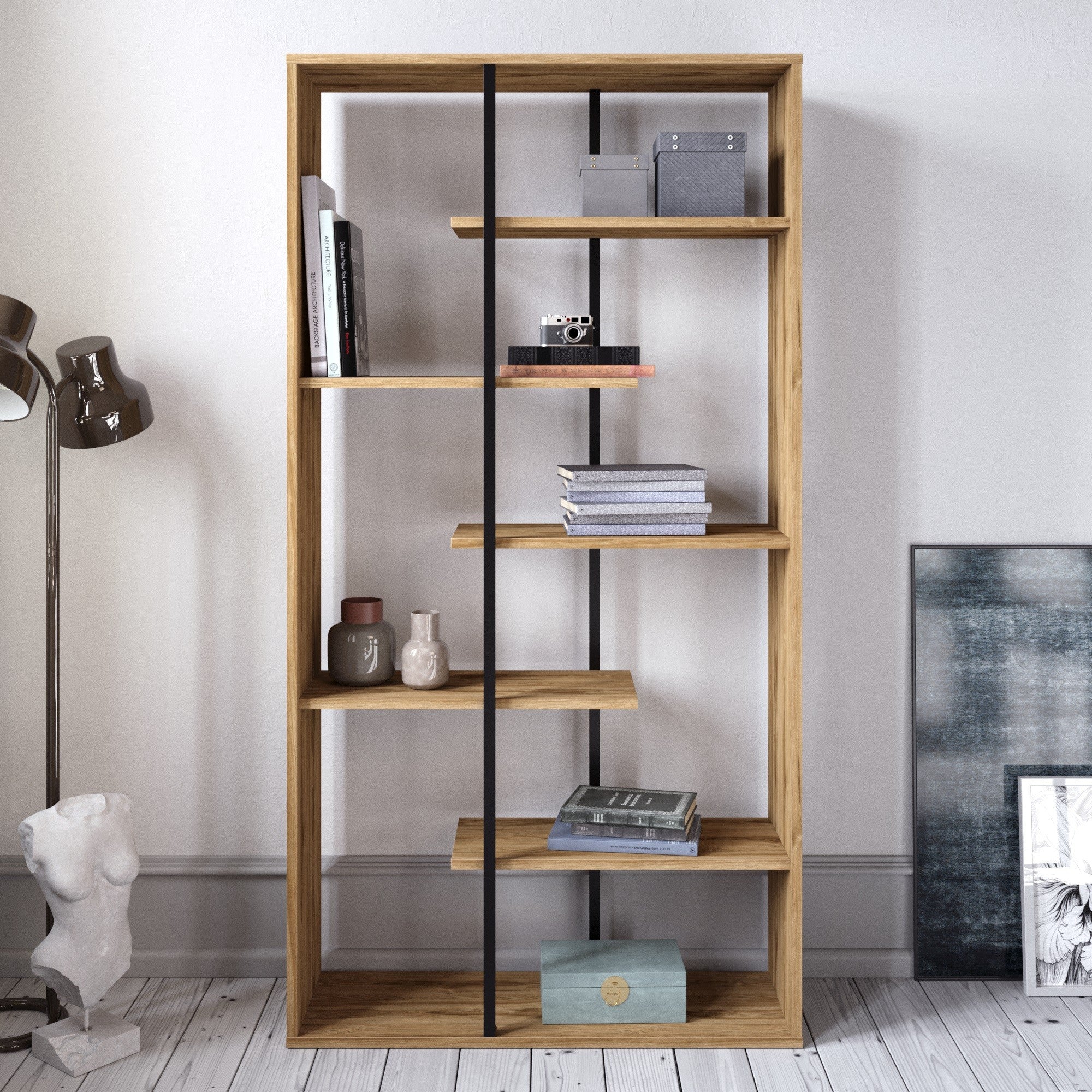 Estante Industrial Moderna – 90 x 173,2 x 29,5 cm – Nogueira e Preto – Painéis de partículas e metal