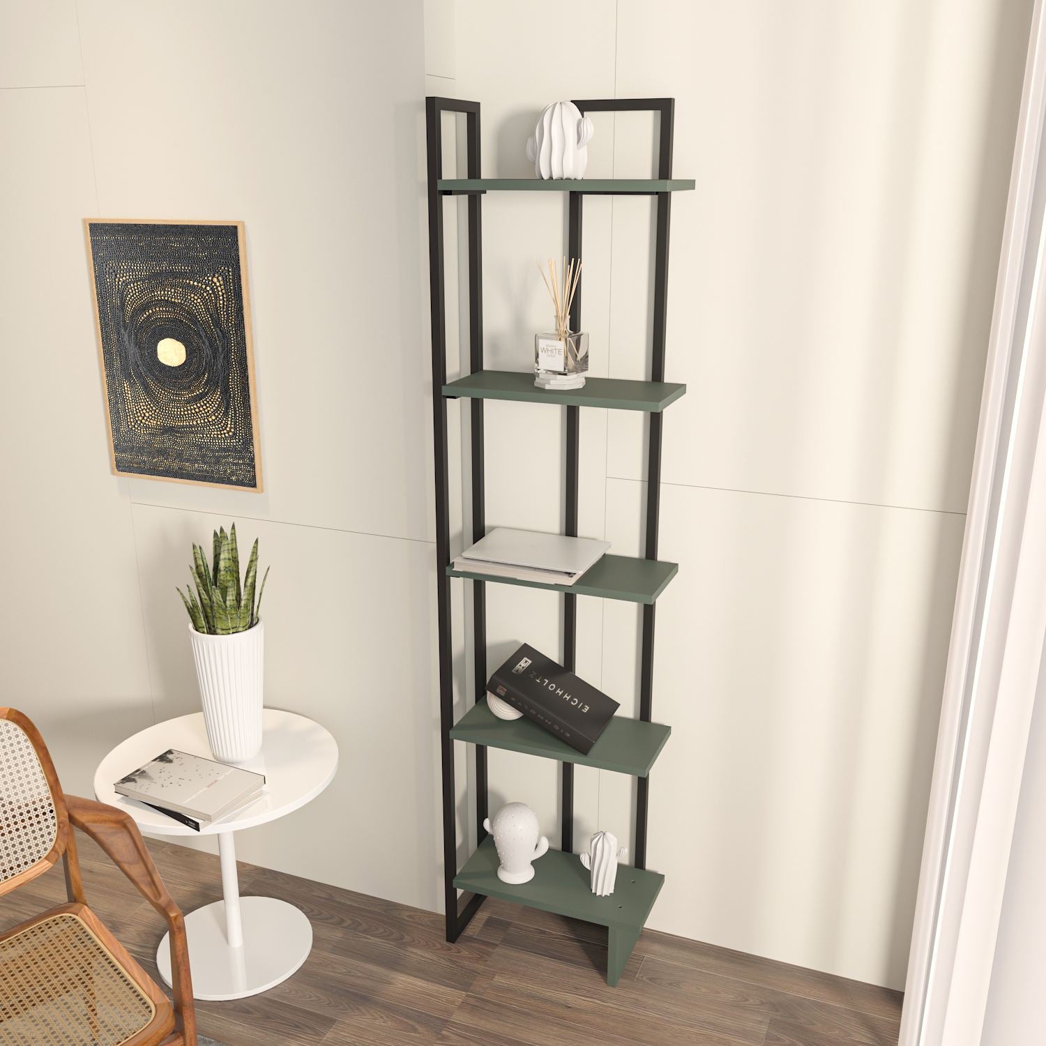Estante de livros – 36,4cm largura x 180cm altura x 19,6cm profundidade – Preto e Verde – MDF