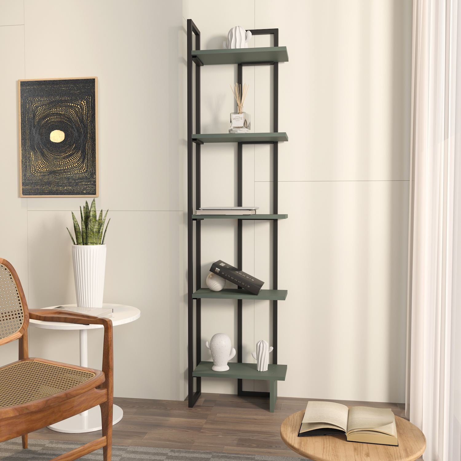 Estante de livros – 36,4cm largura x 180cm altura x 19,6cm profundidade – Preto e Verde – MDF