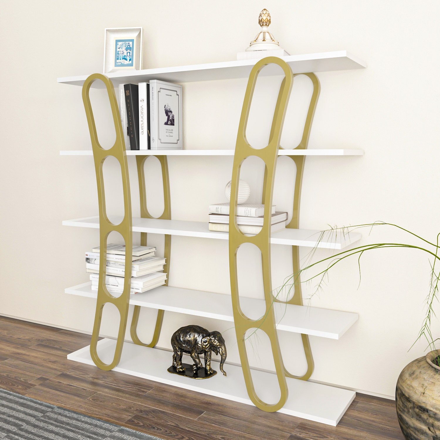 Estante elegante em branco e dourado, 120 x 120 x 25 cm | Painel de partículas 100% revestido em melamina, 18 mm de espessura | Armazenamento elegante para casa e escritório modernos