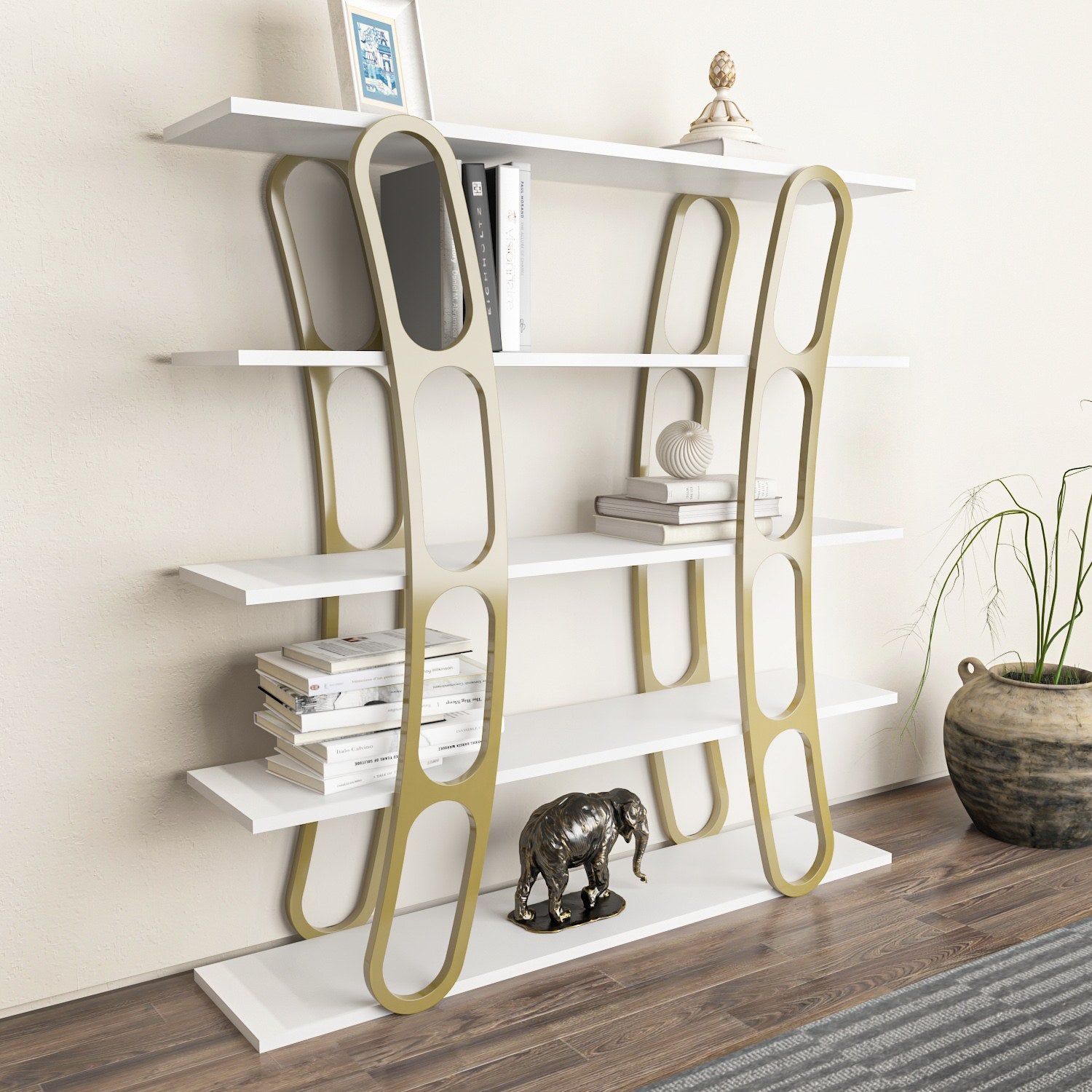 Estante elegante em branco e dourado, 120 x 120 x 25 cm | Painel de partículas 100% revestido em melamina, 18 mm de espessura | Armazenamento elegante para casa e escritório modernos