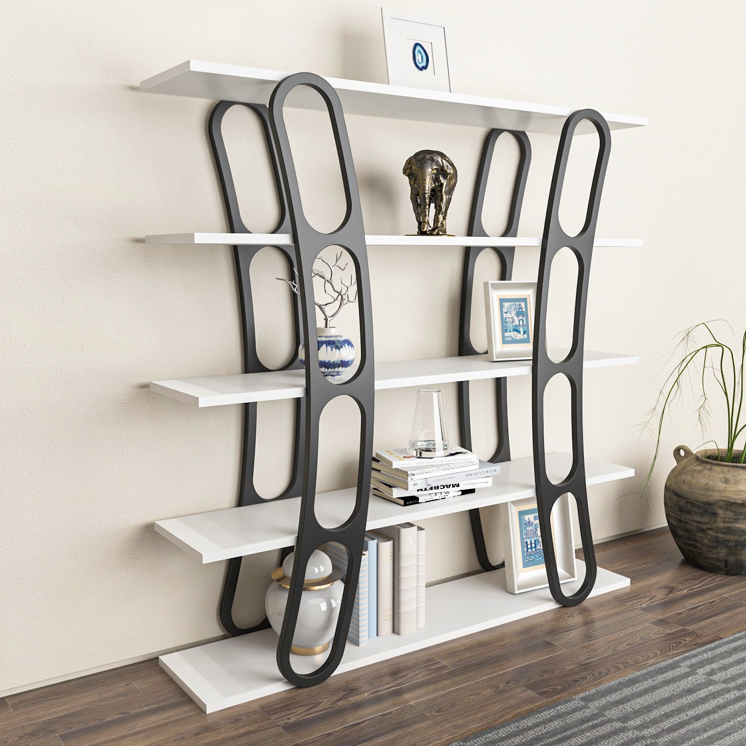 Estante estilosa, 120 x 120 x 25 cm, branca e preta | Painel de partículas 100% revestido em melamina, 18 mm de espessura | Perfeita para decoração moderna de casa e escritório