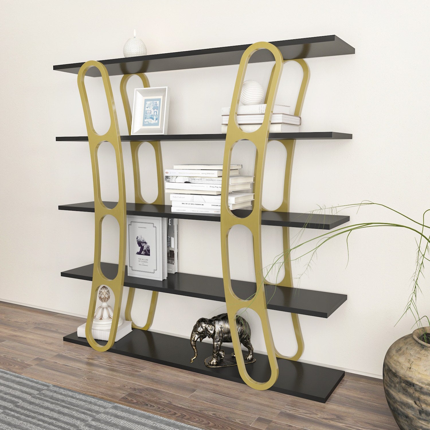 Estante elegante preta e dourada, 120 x 120 x 25 cm | Painel de partículas 100% revestido de melamina, 18 mm de espessura | Armazenamento elegante para casa e escritório modernos
