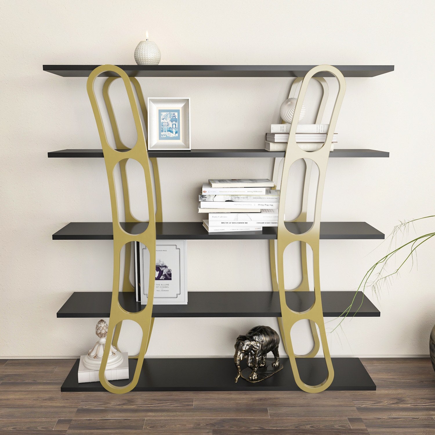 Estante elegante preta e dourada, 120 x 120 x 25 cm | Painel de partículas 100% revestido de melamina, 18 mm de espessura | Armazenamento elegante para casa e escritório modernos