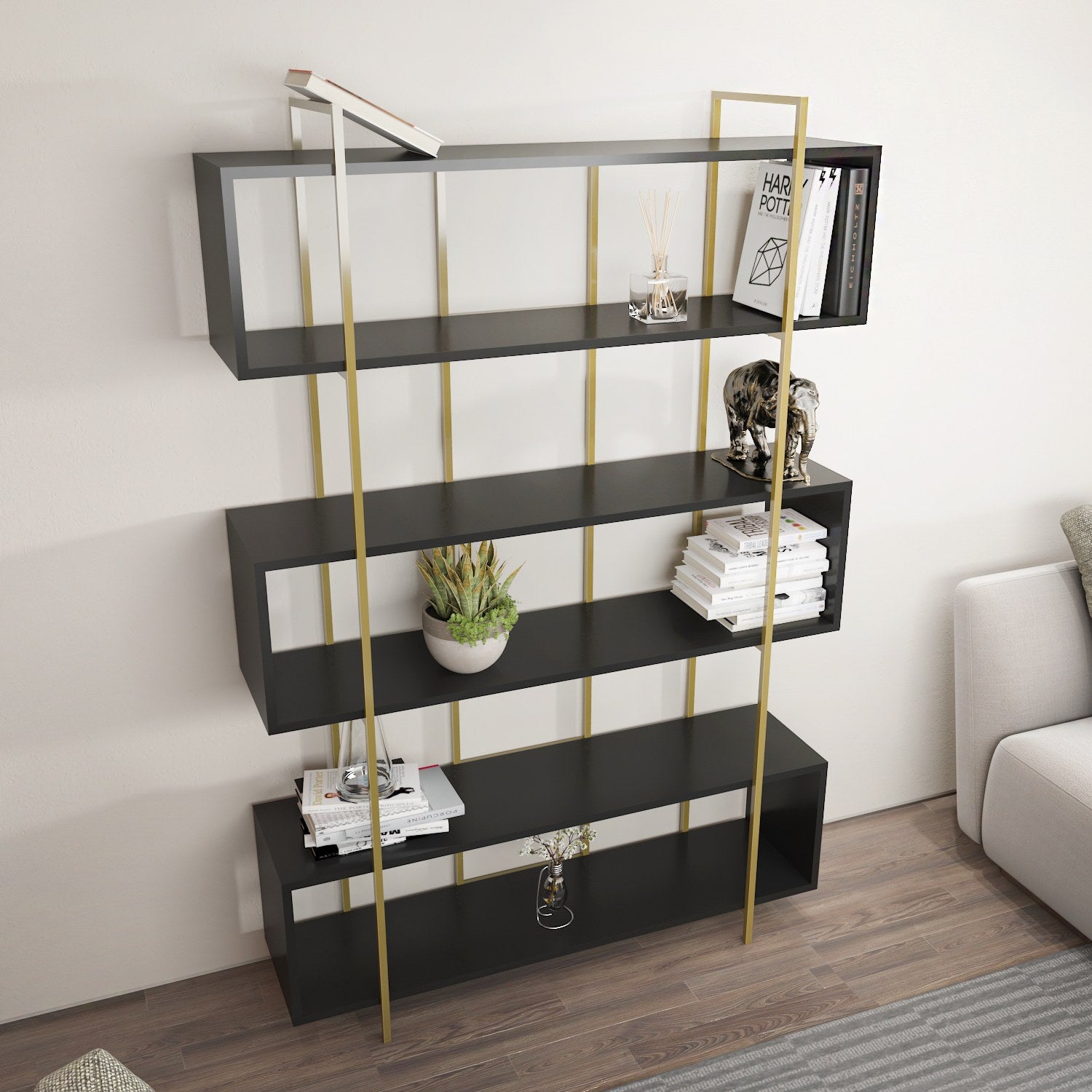 Estante elegante em antracite e dourado, 120 x 180 x 29,6 cm | Painel de partículas 100% revestido em melamina, 18 mm de espessura | Solução de armazenamento moderna para casa e escritório