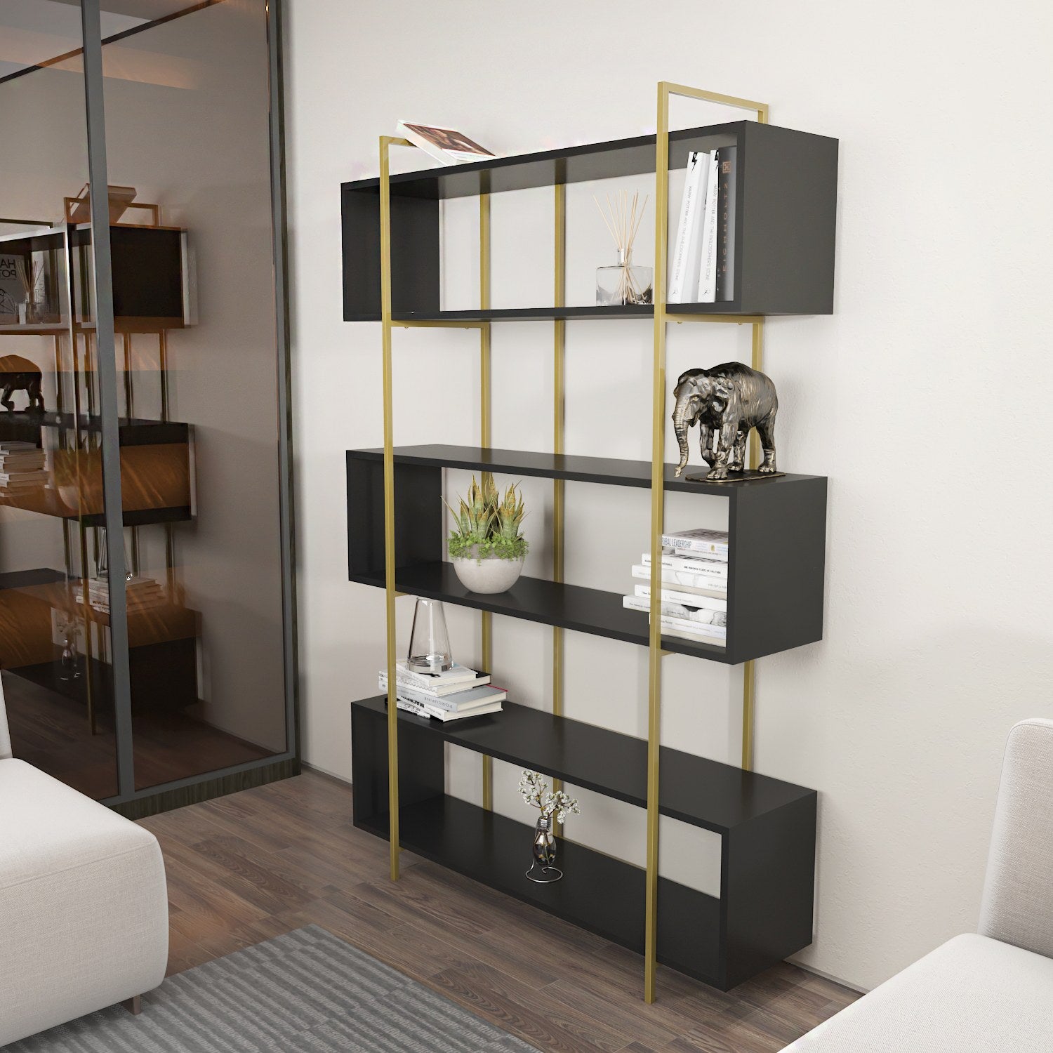 Estante elegante em antracite e dourado, 120 x 180 x 29,6 cm | Painel de partículas 100% revestido em melamina, 18 mm de espessura | Solução de armazenamento moderna para casa e escritório