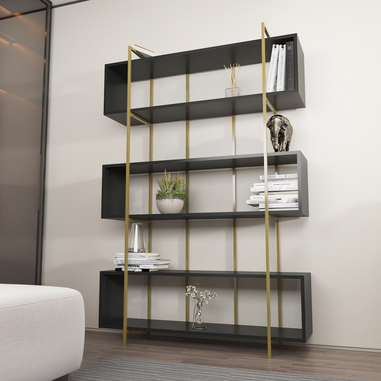 Estante elegante em antracite e dourado, 120 x 180 x 29,6 cm | Painel de partículas 100% revestido em melamina, 18 mm de espessura | Solução de armazenamento moderna para casa e escritório