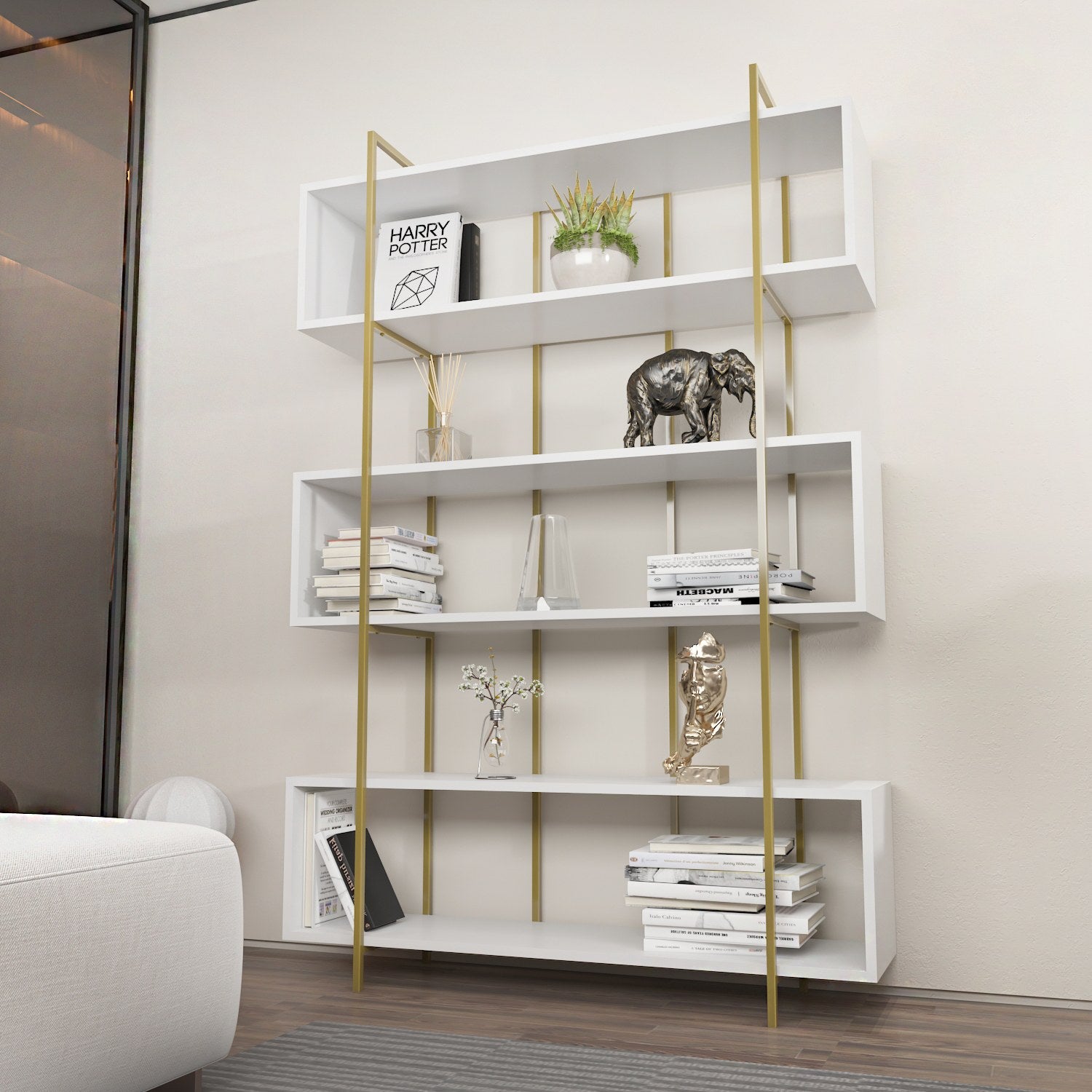 Estante elegante – 120 x 180 x 29,6 cm – Branco e dourado – Painel de partículas revestido a melamina
