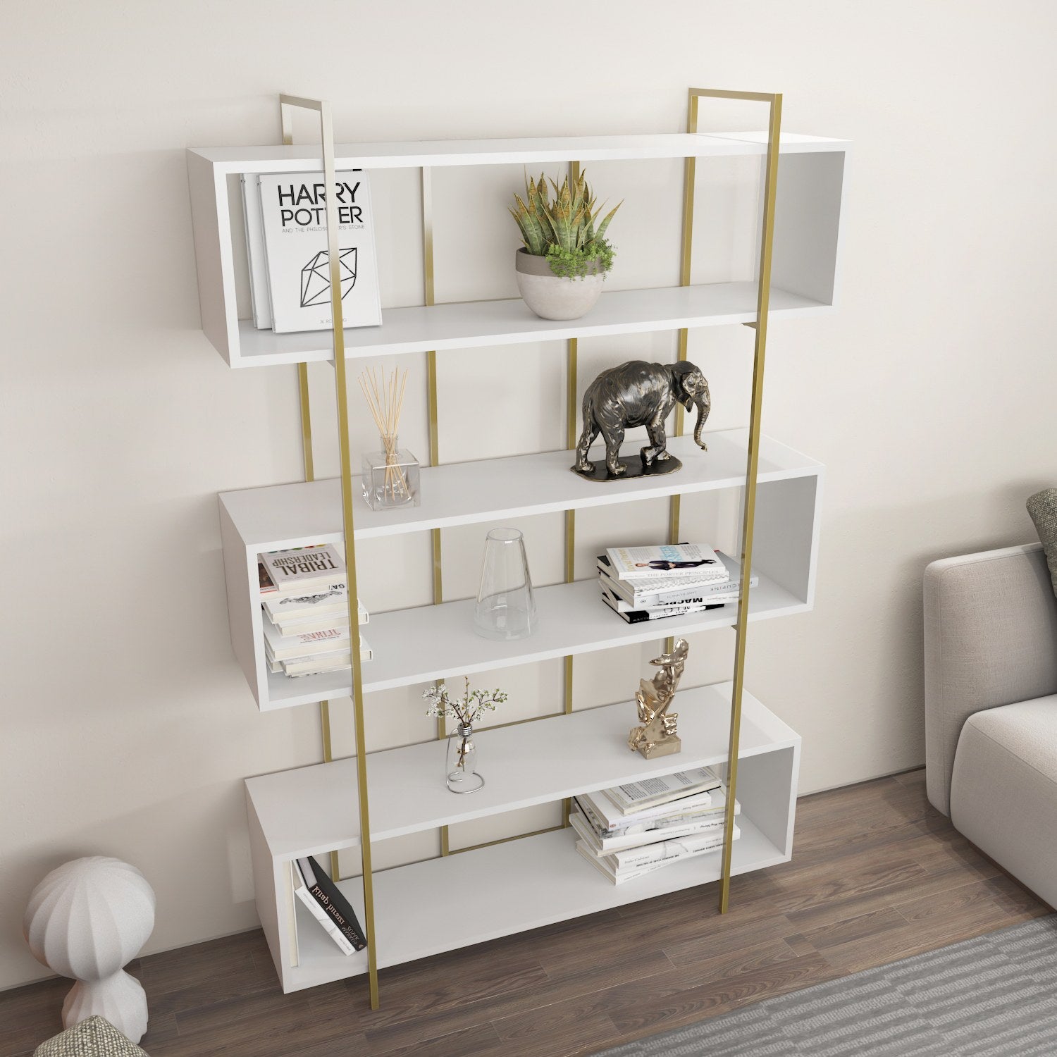 Estante elegante – 120 x 180 x 29,6 cm – Branco e dourado – Painel de partículas revestido a melamina