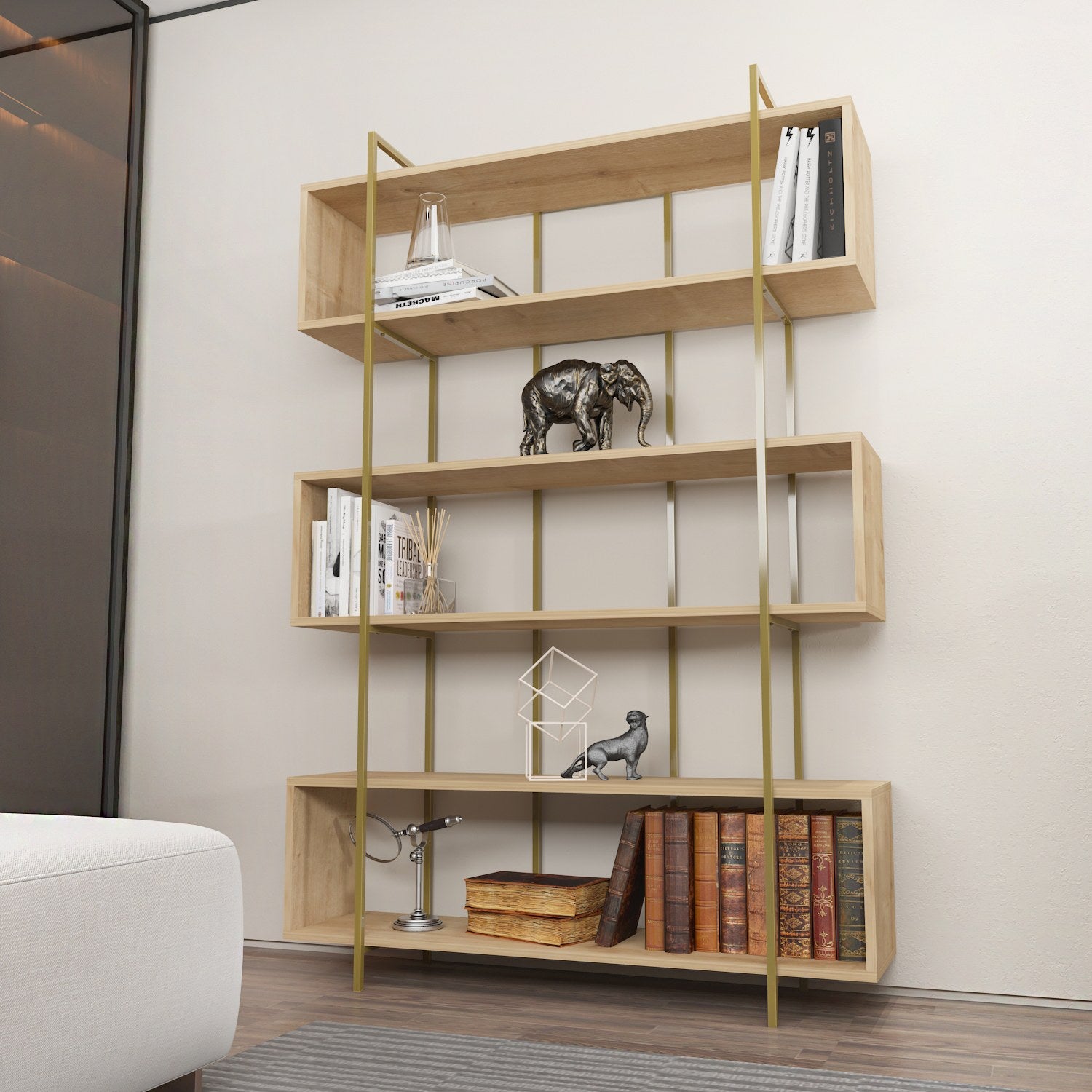 Estante elegante em painel de partículas revestido em melamina – 120 x 180 x 29,6 cm – Carvalho e dourado