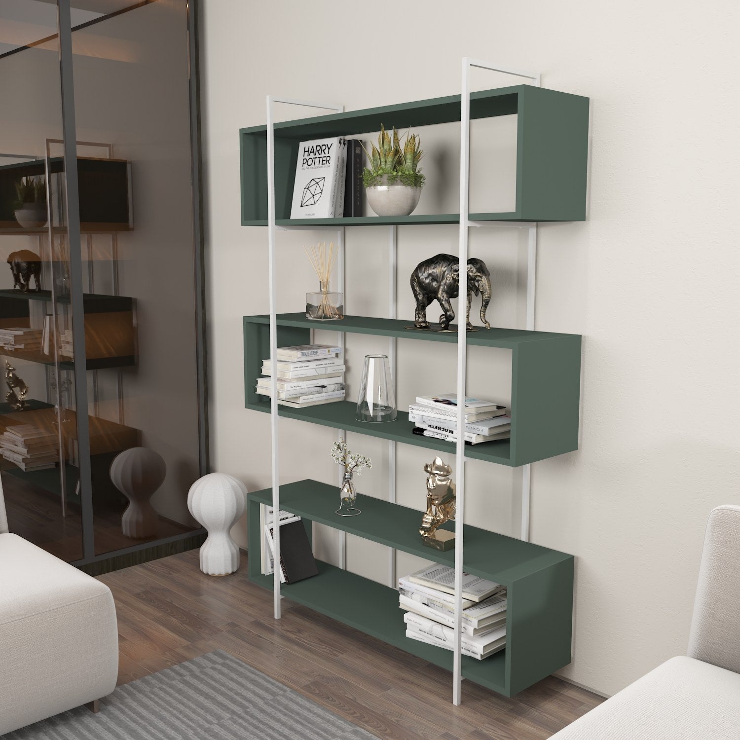 Estante elegante em verde e branco, 120 x 180 x 29,6 cm | Painel de partículas 100% revestido em melamina, 18 mm de espessura | Perfeita para decoração moderna de casa e escritório