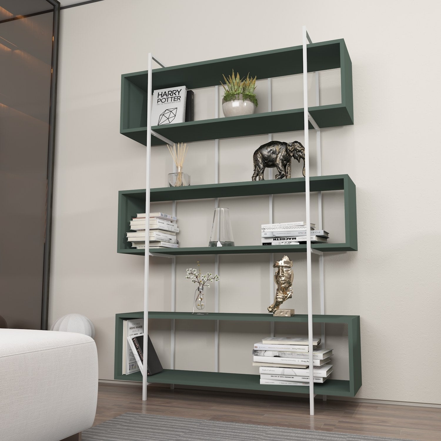 Estante elegante em verde e branco, 120 x 180 x 29,6 cm | Painel de partículas 100% revestido em melamina, 18 mm de espessura | Perfeita para decoração moderna de casa e escritório