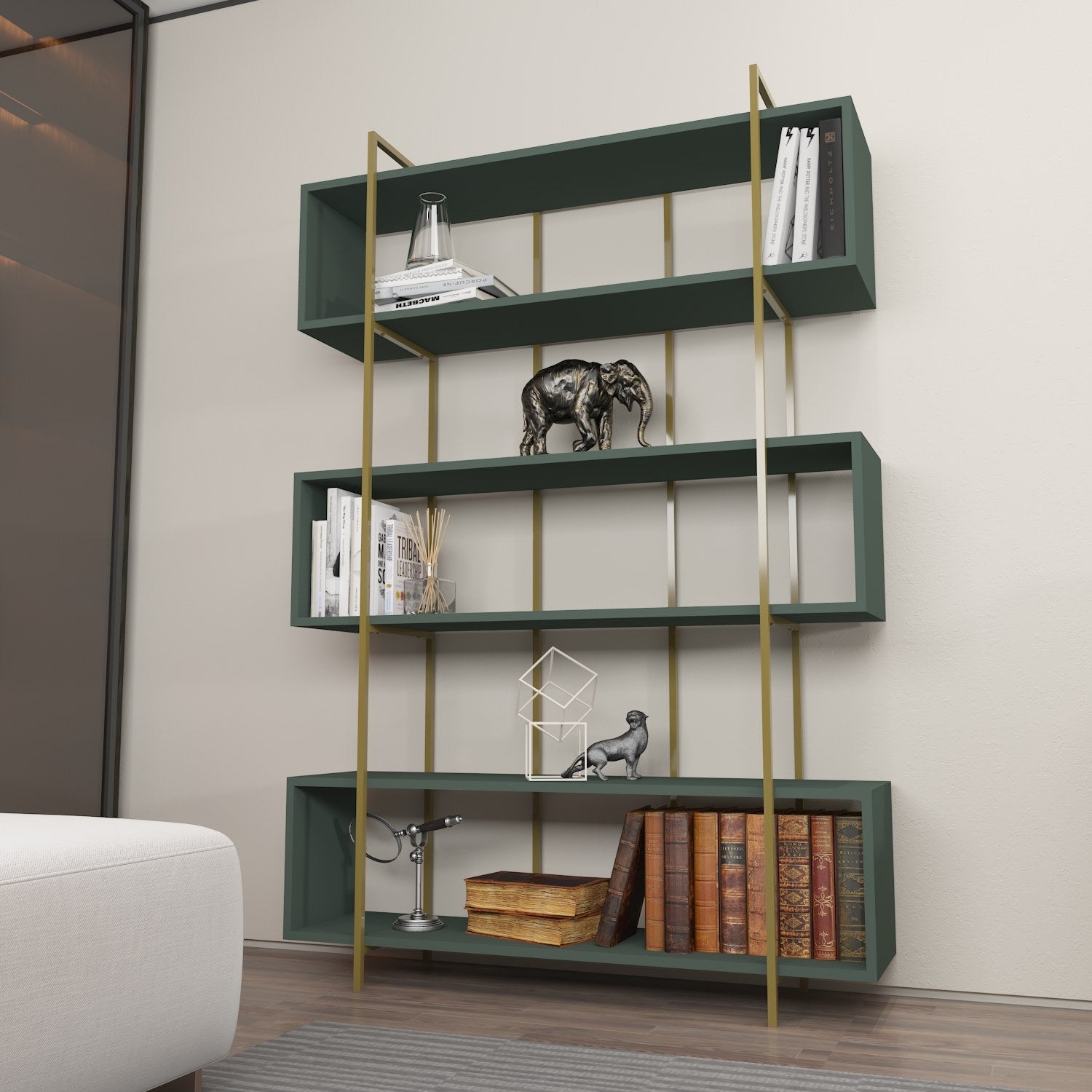 Estante elegante – 120 x 180 x 29,6 cm – verde e dourada – painel de partículas revestido a melamina