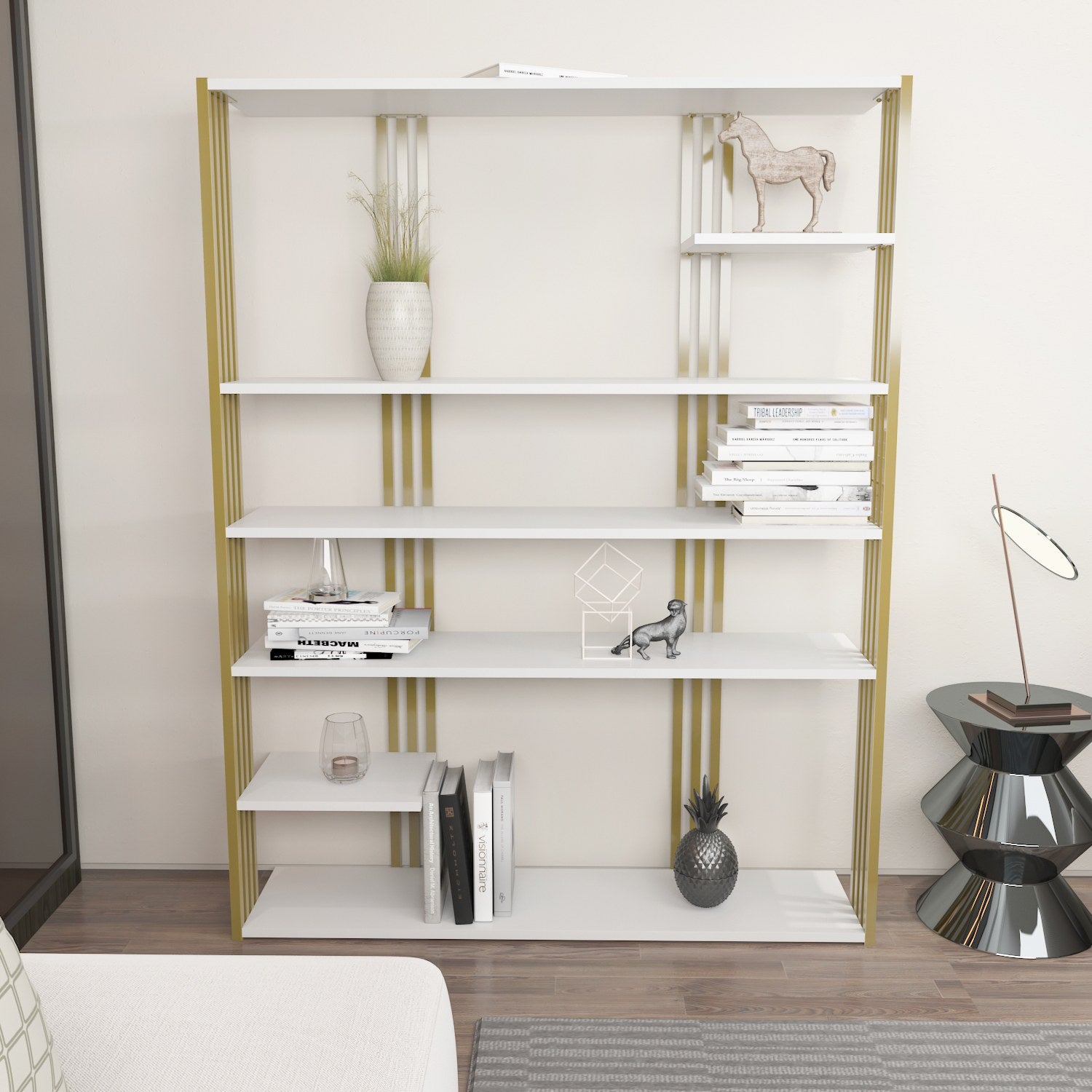 Estante elegante em branco e dourado, 120 x 160 x 29,6 cm | Painel de partículas 100% revestido em melamina, 18 mm de espessura | Armazenamento elegante para casa e escritório modernos