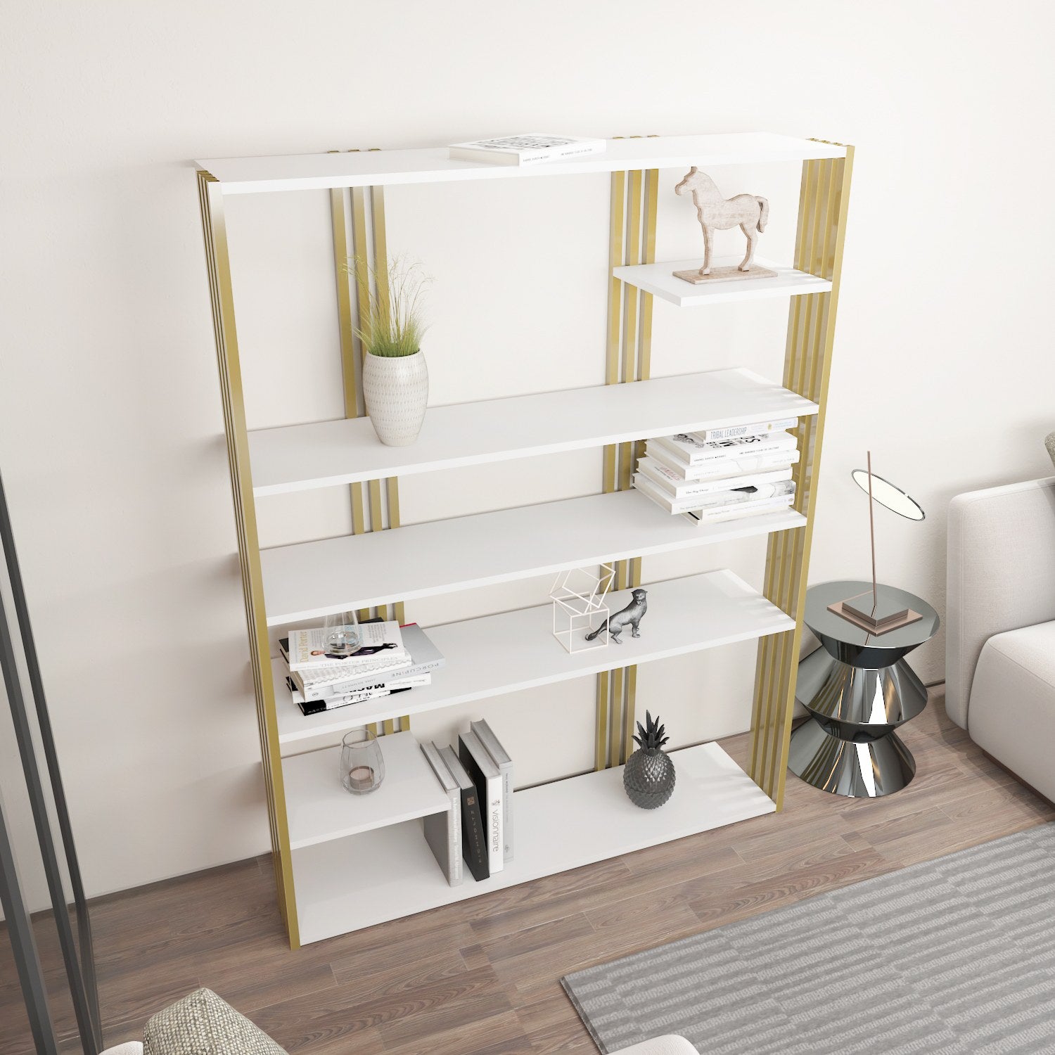 Estante elegante em branco e dourado, 120 x 160 x 29,6 cm | Painel de partículas 100% revestido em melamina, 18 mm de espessura | Armazenamento elegante para casa e escritório modernos
