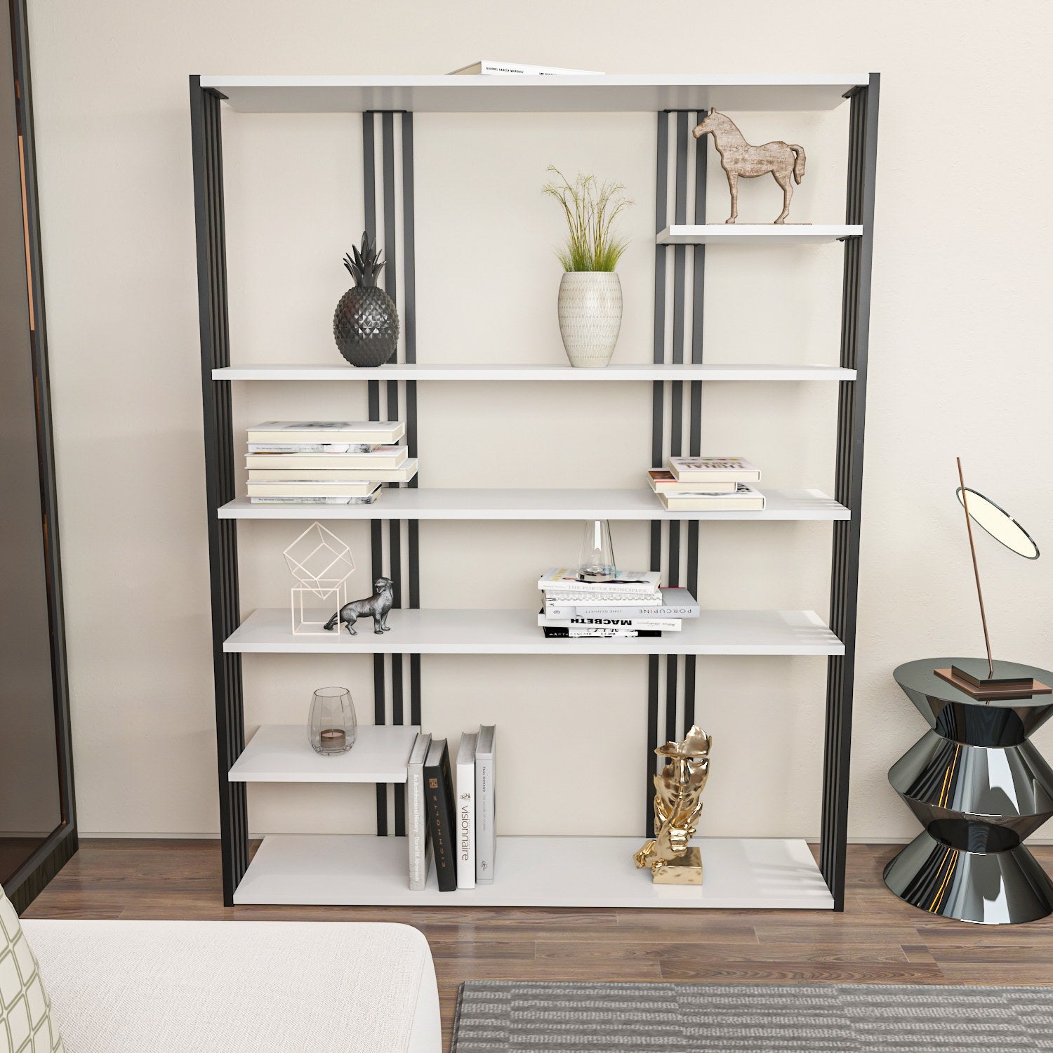 Estante estilosa, branca e preta, 120 x 160 x 29,6 cm | Painel de partículas 100% revestido em melamina, 18 mm de espessura | Perfeita para decoração moderna de casa e escritório