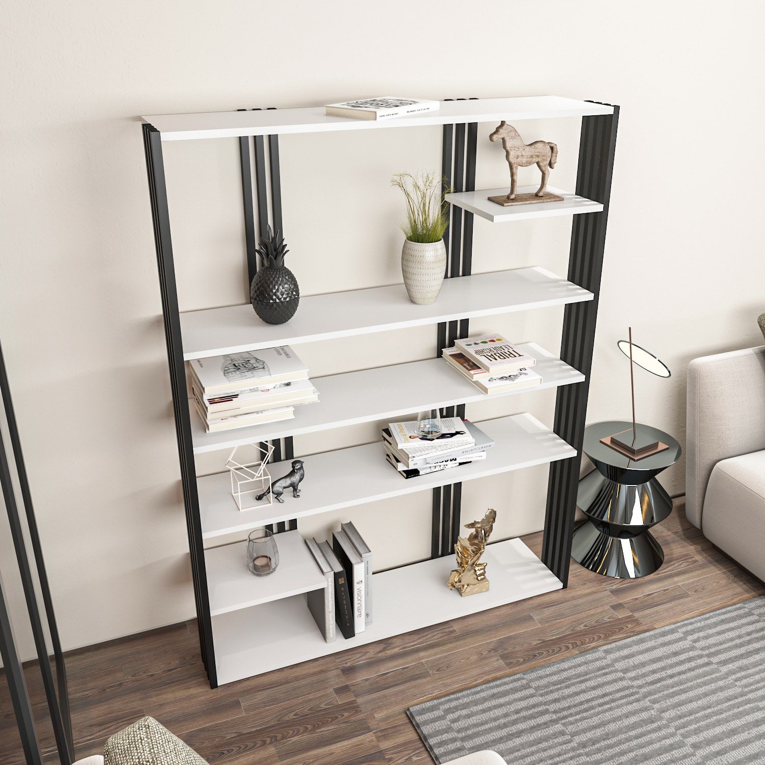 Estante estilosa, branca e preta, 120 x 160 x 29,6 cm | Painel de partículas 100% revestido em melamina, 18 mm de espessura | Perfeita para decoração moderna de casa e escritório