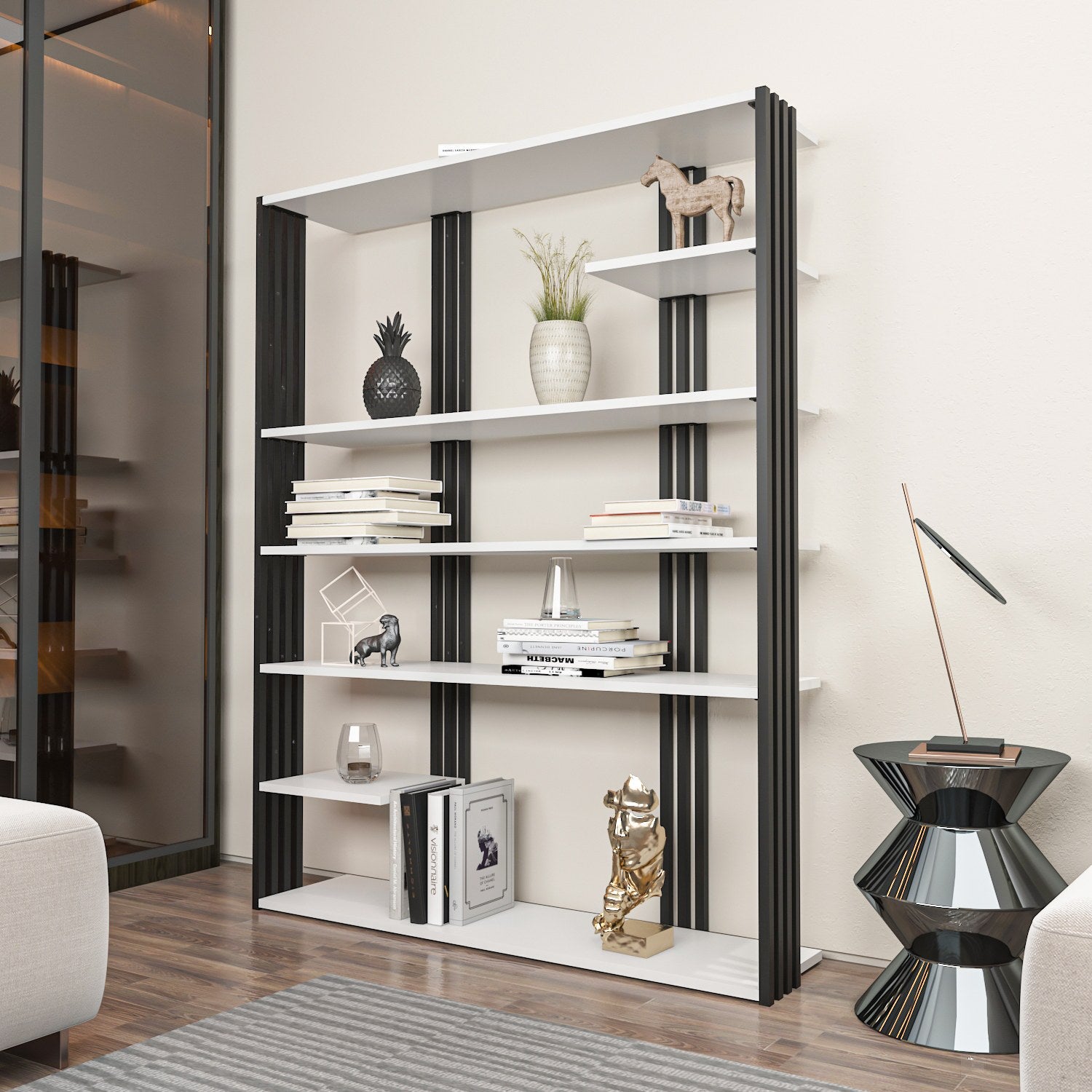 Estante estilosa, branca e preta, 120 x 160 x 29,6 cm | Painel de partículas 100% revestido em melamina, 18 mm de espessura | Perfeita para decoração moderna de casa e escritório