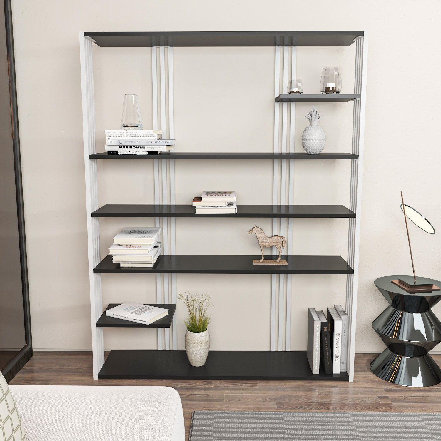 Estante elegante, antracite e branco, 120 x 160 x 29,6 cm | Painel de partículas 100% revestido de melamina, 18 mm de espessura | Perfeito para decoração moderna de casa e escritório