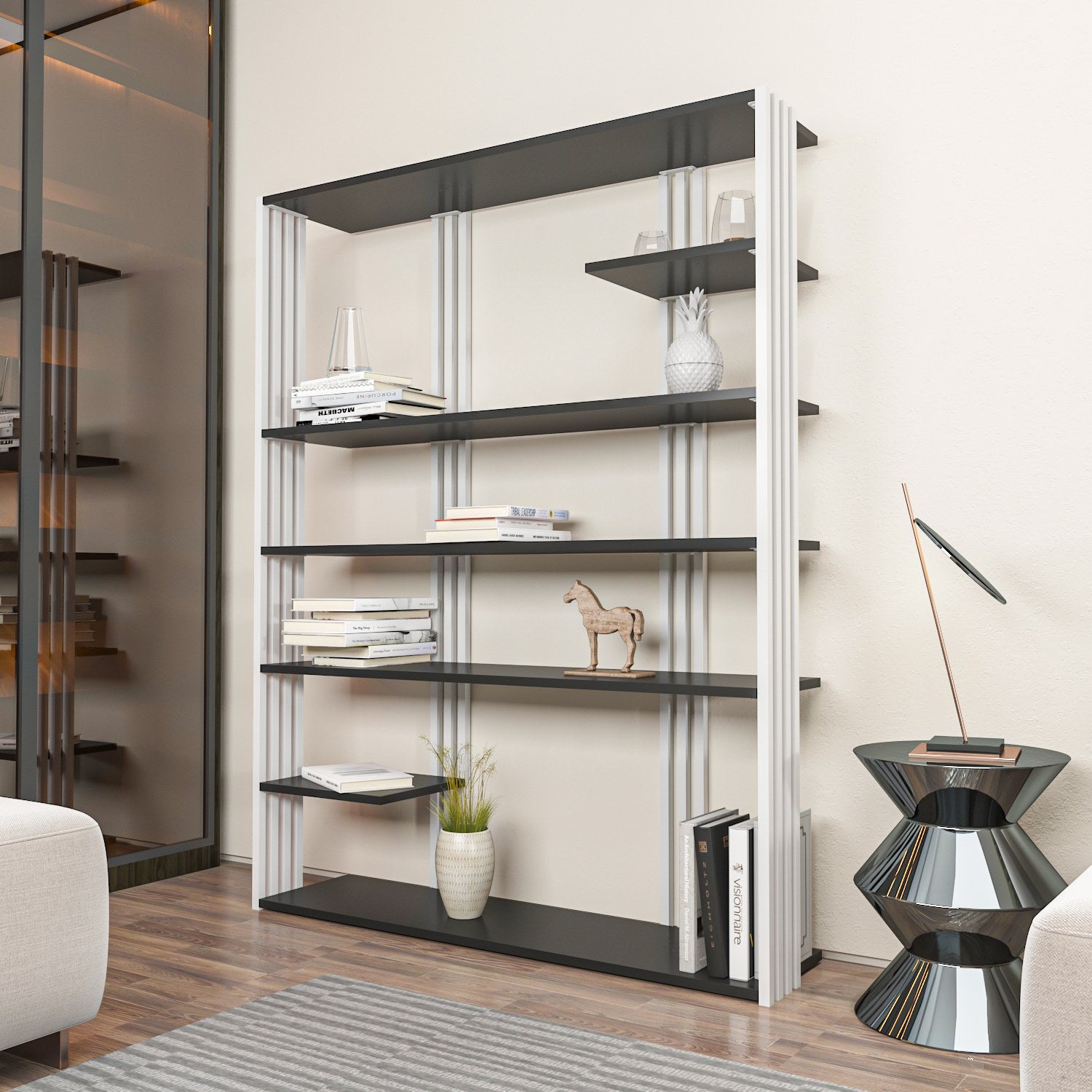 Estante elegante, antracite e branco, 120 x 160 x 29,6 cm | Painel de partículas 100% revestido de melamina, 18 mm de espessura | Perfeito para decoração moderna de casa e escritório