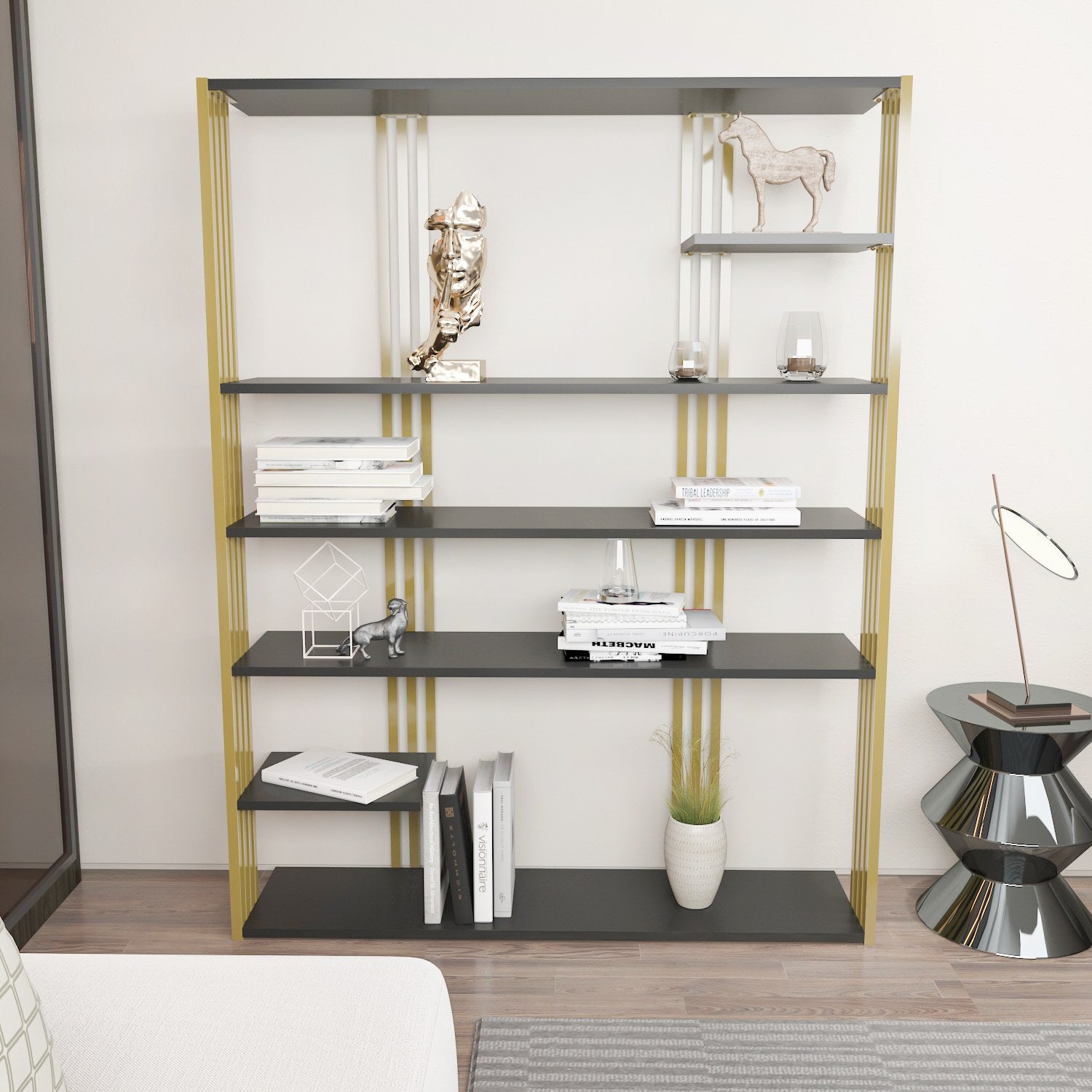 Estante elegante em antracite e dourado, 120 x 160 x 29,6 cm | Painel de partículas 100% revestido em melamina, 18 mm de espessura | Solução de armazenamento moderna para casa e escritório