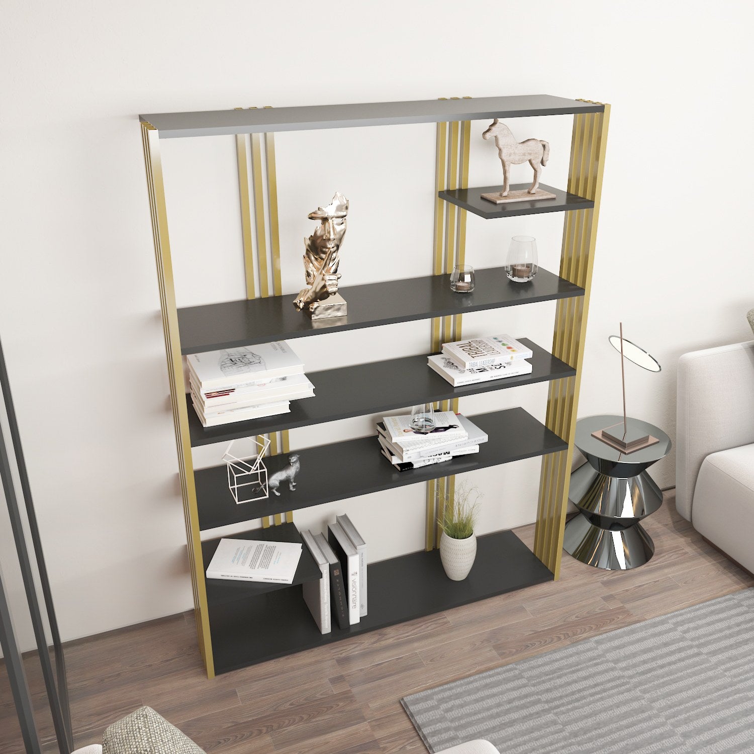Estante elegante em antracite e dourado, 120 x 160 x 29,6 cm | Painel de partículas 100% revestido em melamina, 18 mm de espessura | Solução de armazenamento moderna para casa e escritório