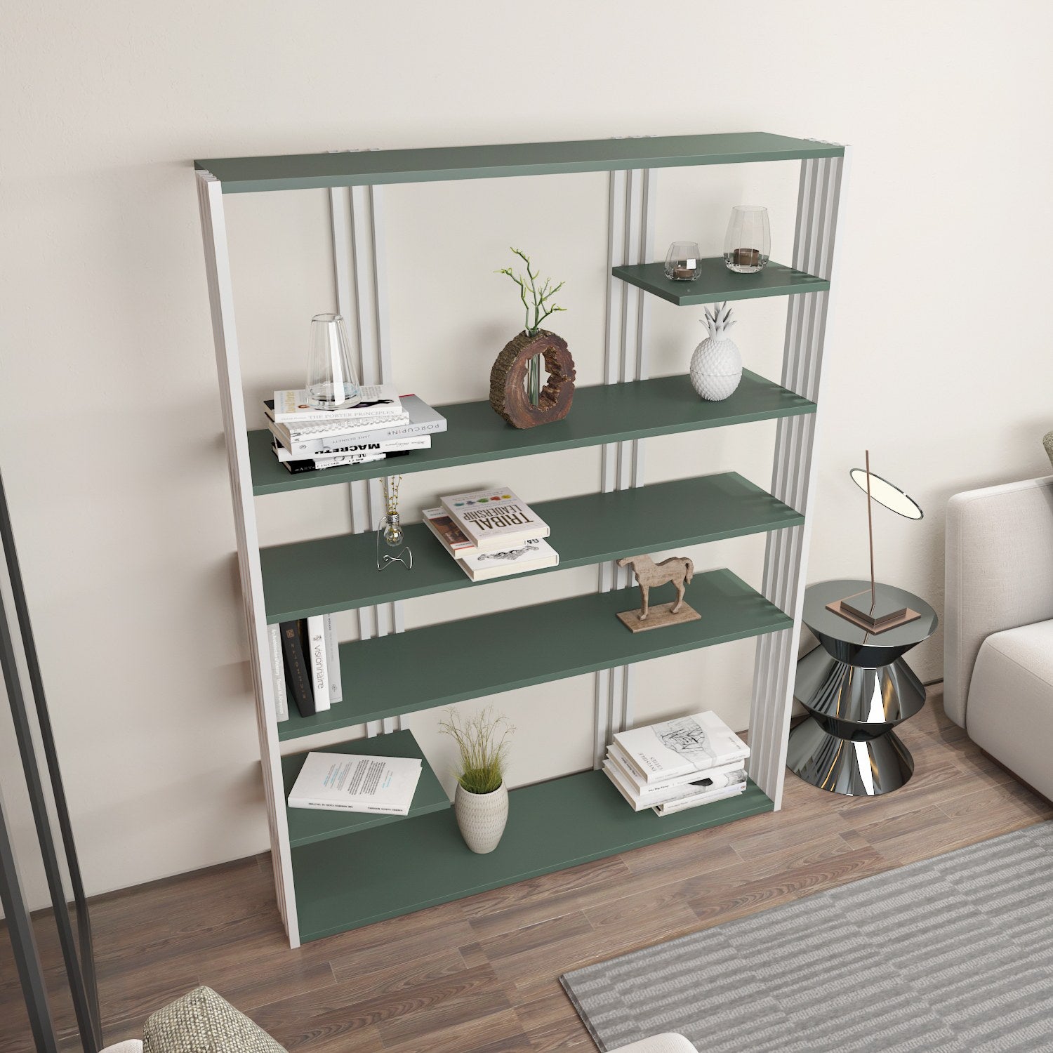Estante elegante em verde e branco, 120 cm x 160 cm x 29,6 cm | Painel de partículas 100% revestido em melamina, 18 mm de espessura | Perfeita para decoração moderna de casa e escritório