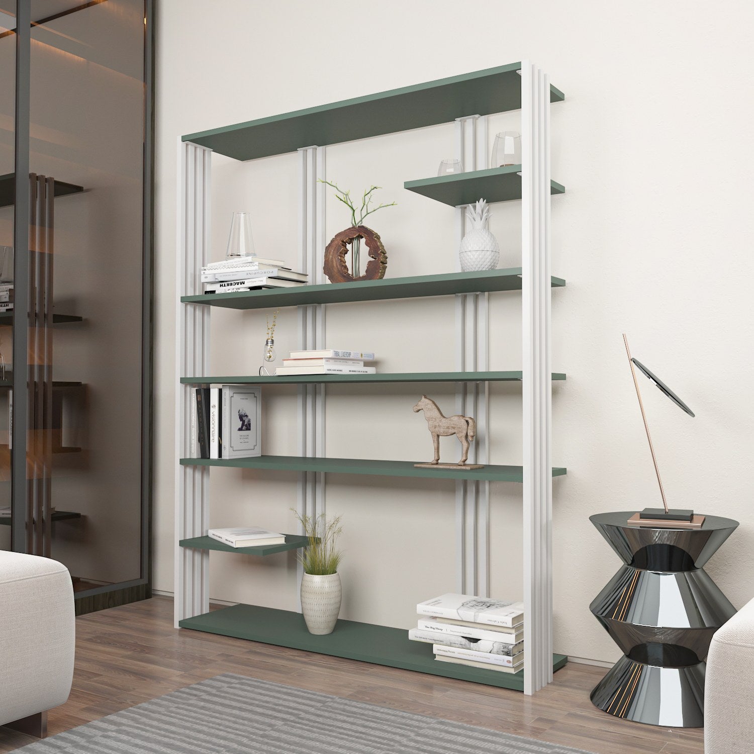 Estante elegante em verde e branco, 120 cm x 160 cm x 29,6 cm | Painel de partículas 100% revestido em melamina, 18 mm de espessura | Perfeita para decoração moderna de casa e escritório