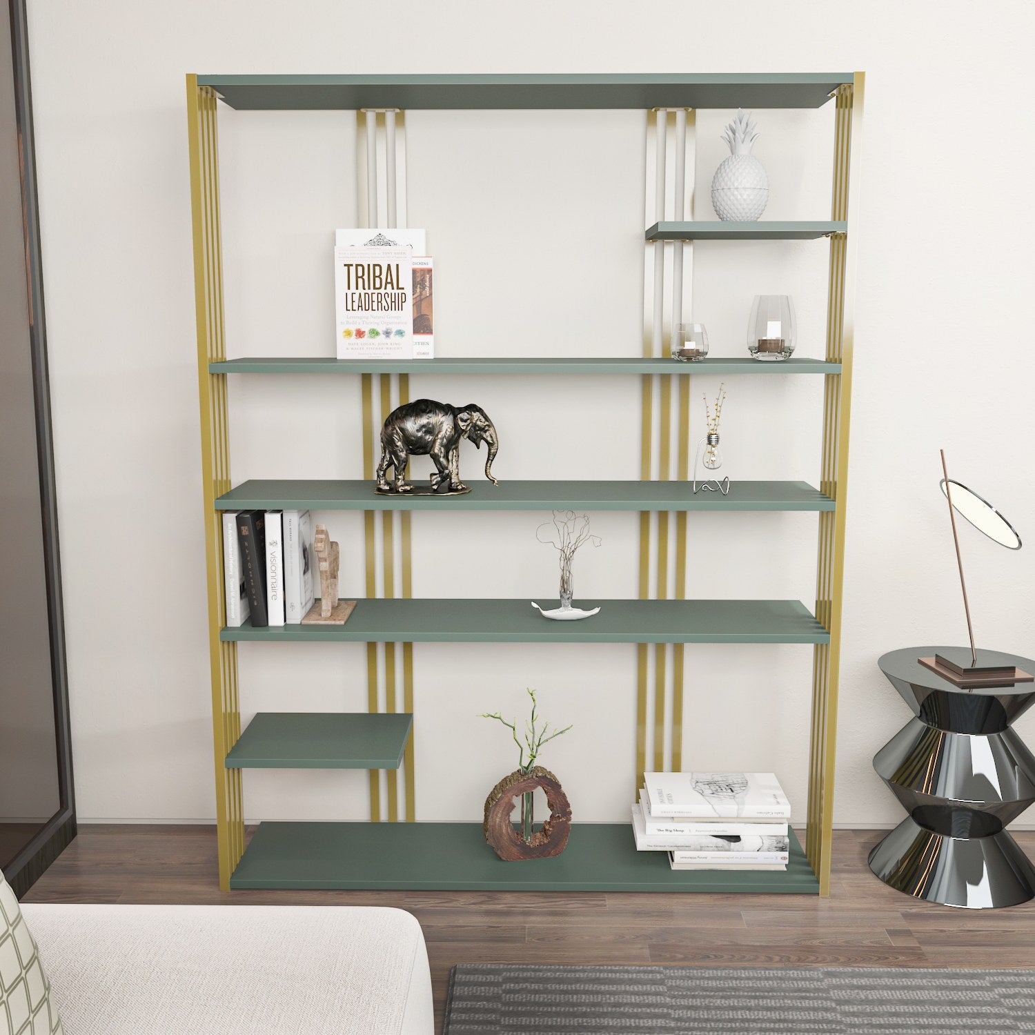 Estante elegante verde e dourada, 120 x 160 x 29,6 cm | Painel de partículas 100% revestido de melamina, 18 mm de espessura | Armazenamento elegante para casa e escritório modernos