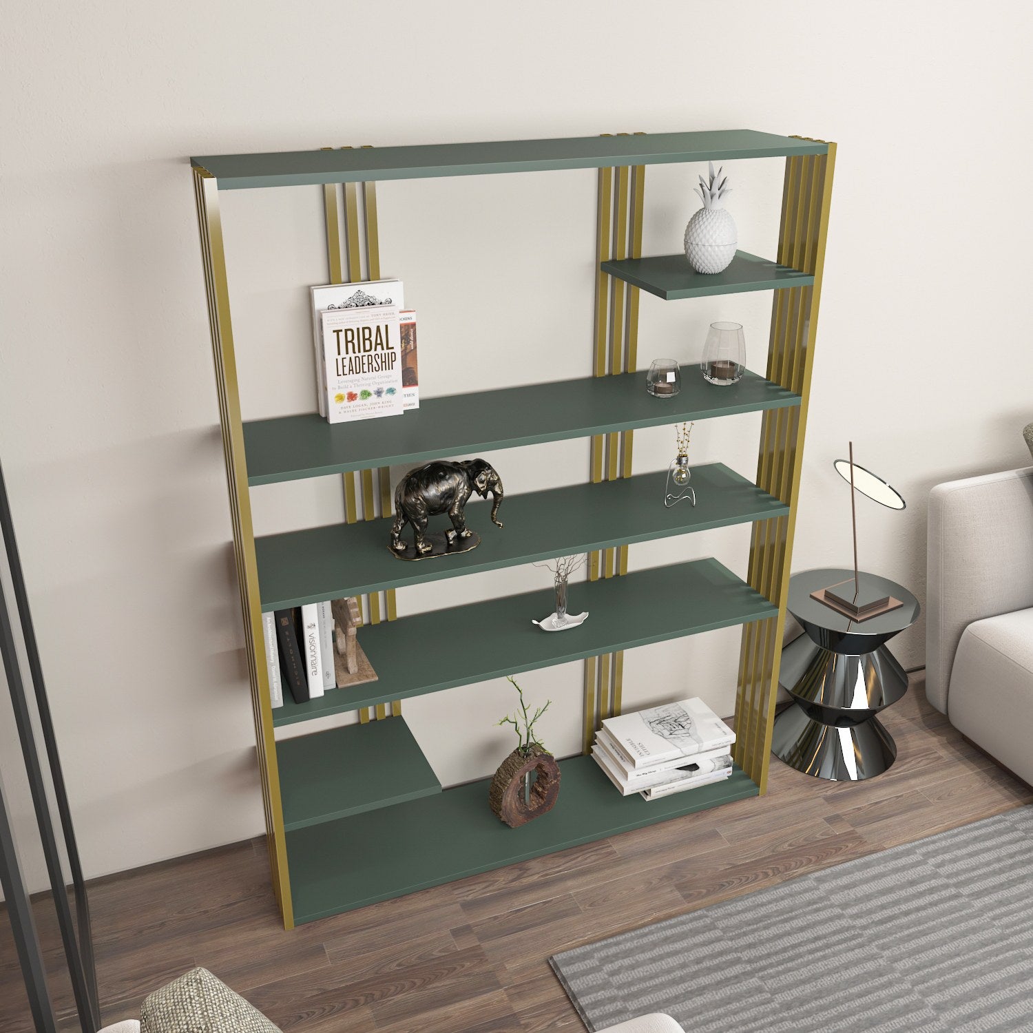 Estante elegante verde e dourada, 120 x 160 x 29,6 cm | Painel de partículas 100% revestido de melamina, 18 mm de espessura | Armazenamento elegante para casa e escritório modernos