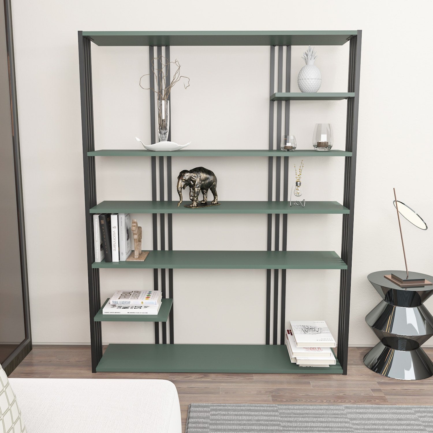 Estante elegante em verde e preto, 120 x 160 x 29,6 cm | Painel de partículas 100% revestido em melamina, 18 mm de espessura | Perfeita para decoração moderna de casa e escritório
