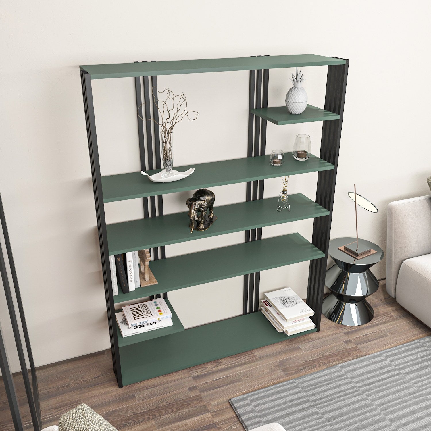 Estante elegante em verde e preto, 120 x 160 x 29,6 cm | Painel de partículas 100% revestido em melamina, 18 mm de espessura | Perfeita para decoração moderna de casa e escritório