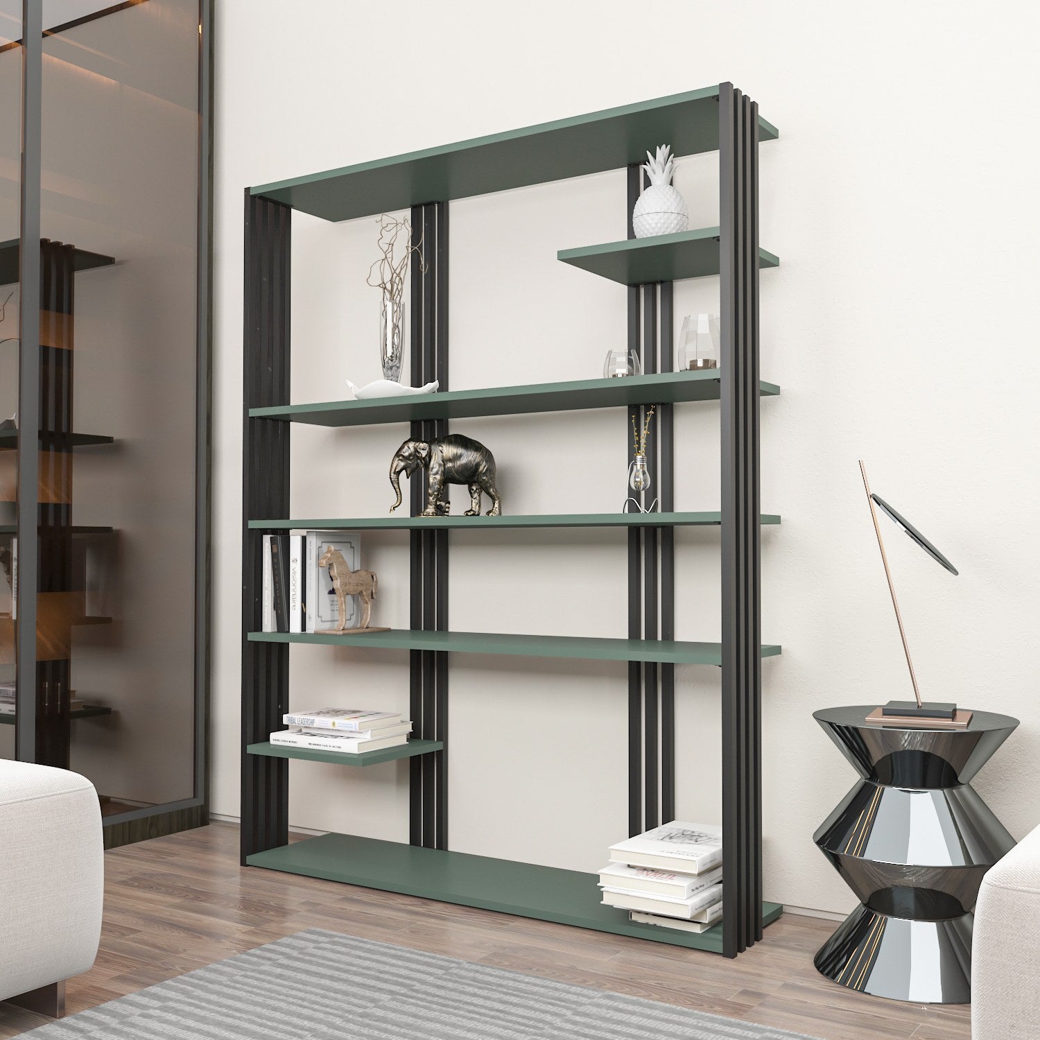 Estante elegante em verde e preto, 120 x 160 x 29,6 cm | Painel de partículas 100% revestido em melamina, 18 mm de espessura | Perfeita para decoração moderna de casa e escritório