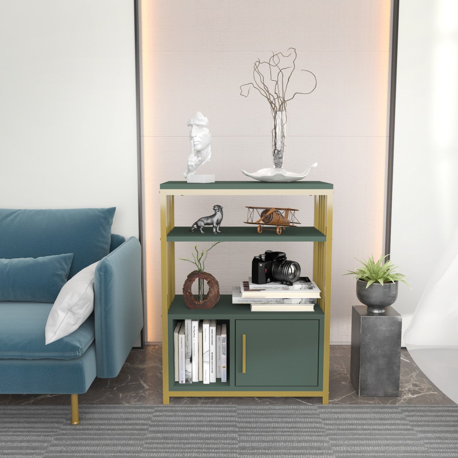 Estante elegante verde e dourada, 60 x 80 x 29,6 cm | Painel de partículas 100% revestido de melamina, 18 mm de espessura | Armazenamento elegante para casa e escritório modernos