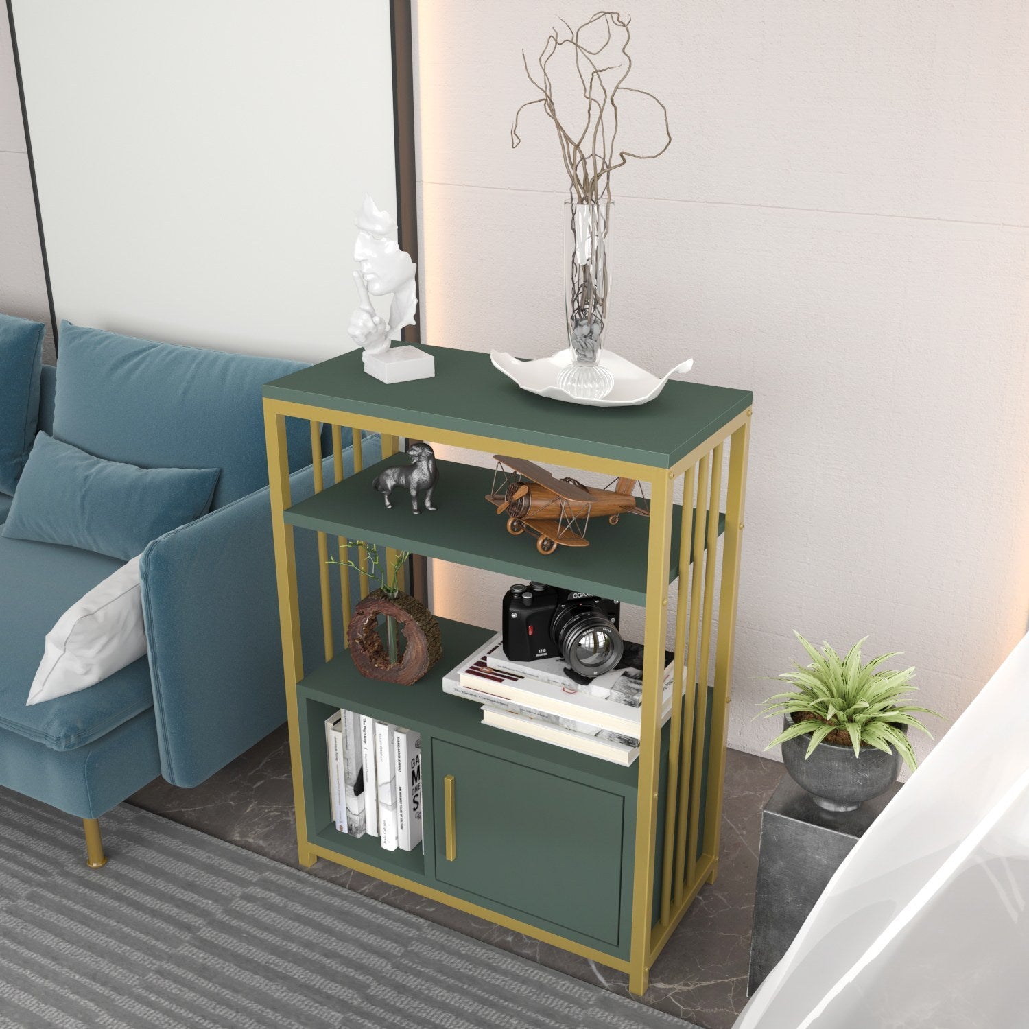 Estante elegante verde e dourada, 60 x 80 x 29,6 cm | Painel de partículas 100% revestido de melamina, 18 mm de espessura | Armazenamento elegante para casa e escritório modernos