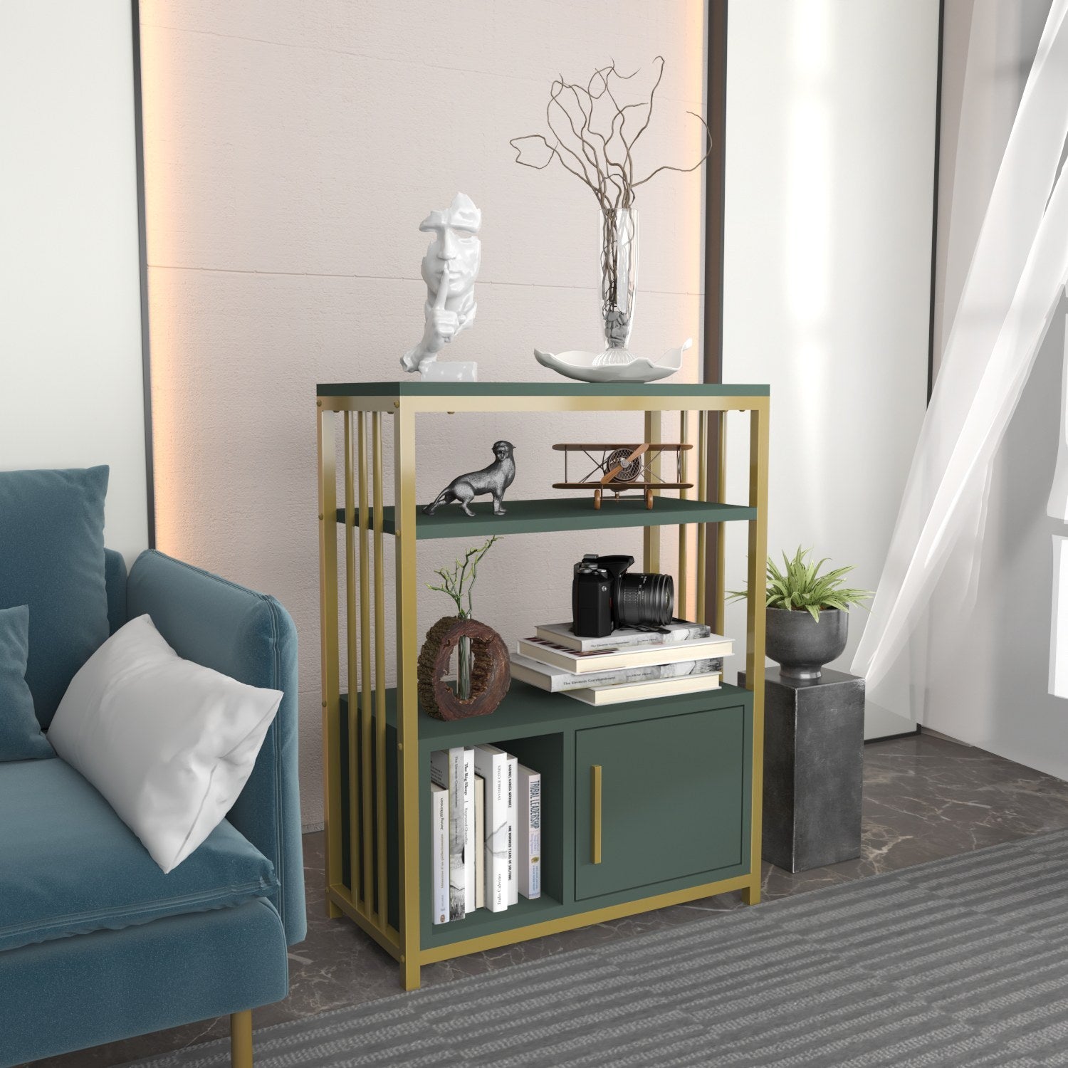 Estante elegante verde e dourada, 60 x 80 x 29,6 cm | Painel de partículas 100% revestido de melamina, 18 mm de espessura | Armazenamento elegante para casa e escritório modernos