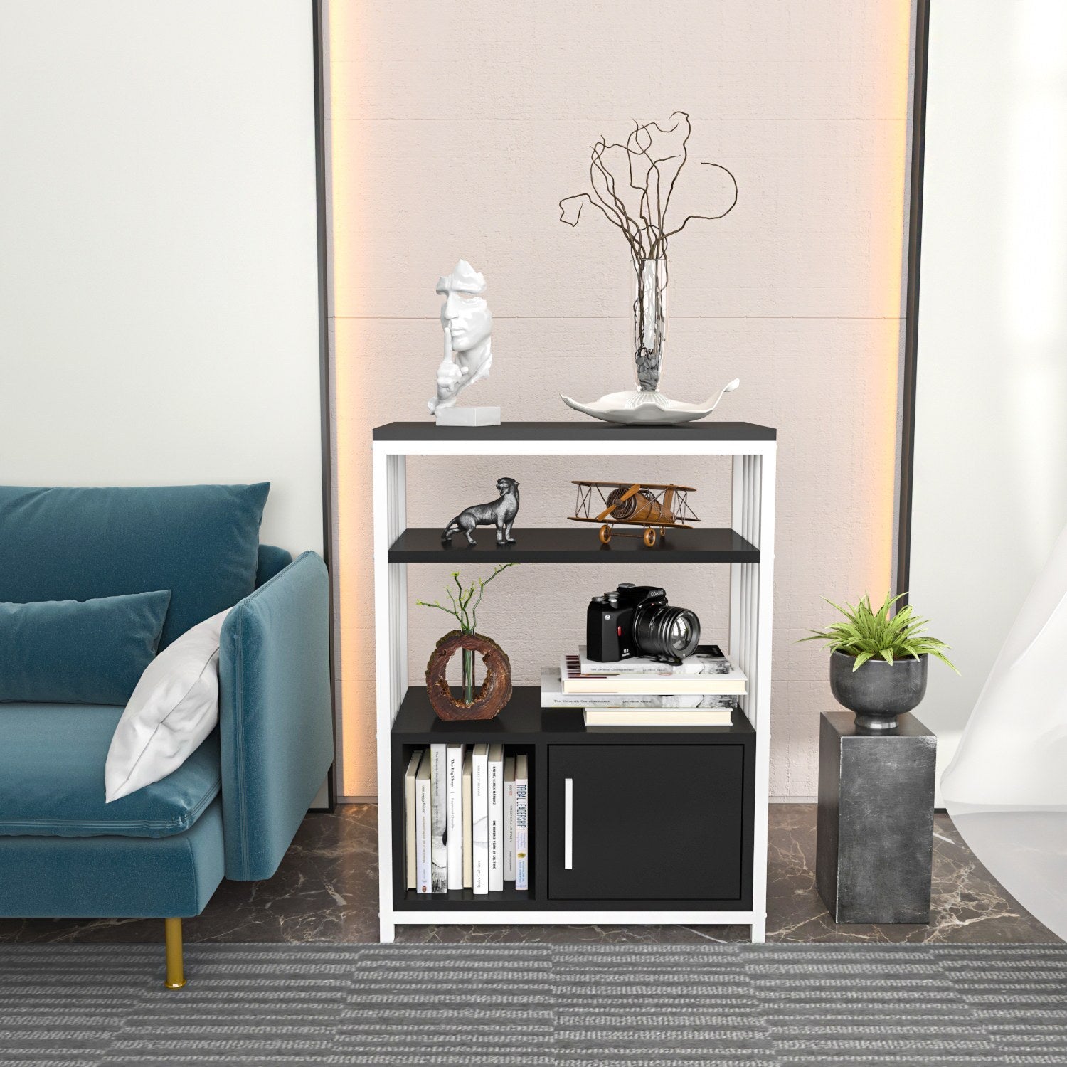 Estante elegante em antracite e branco, 60 cm x 80 cm x 29,6 cm | Painel de partículas 100% revestido em melamina, 18 mm de espessura | Perfeita para decoração moderna de casa e escritório
