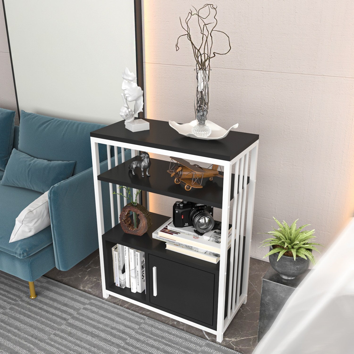 Estante elegante em antracite e branco, 60 cm x 80 cm x 29,6 cm | Painel de partículas 100% revestido em melamina, 18 mm de espessura | Perfeita para decoração moderna de casa e escritório