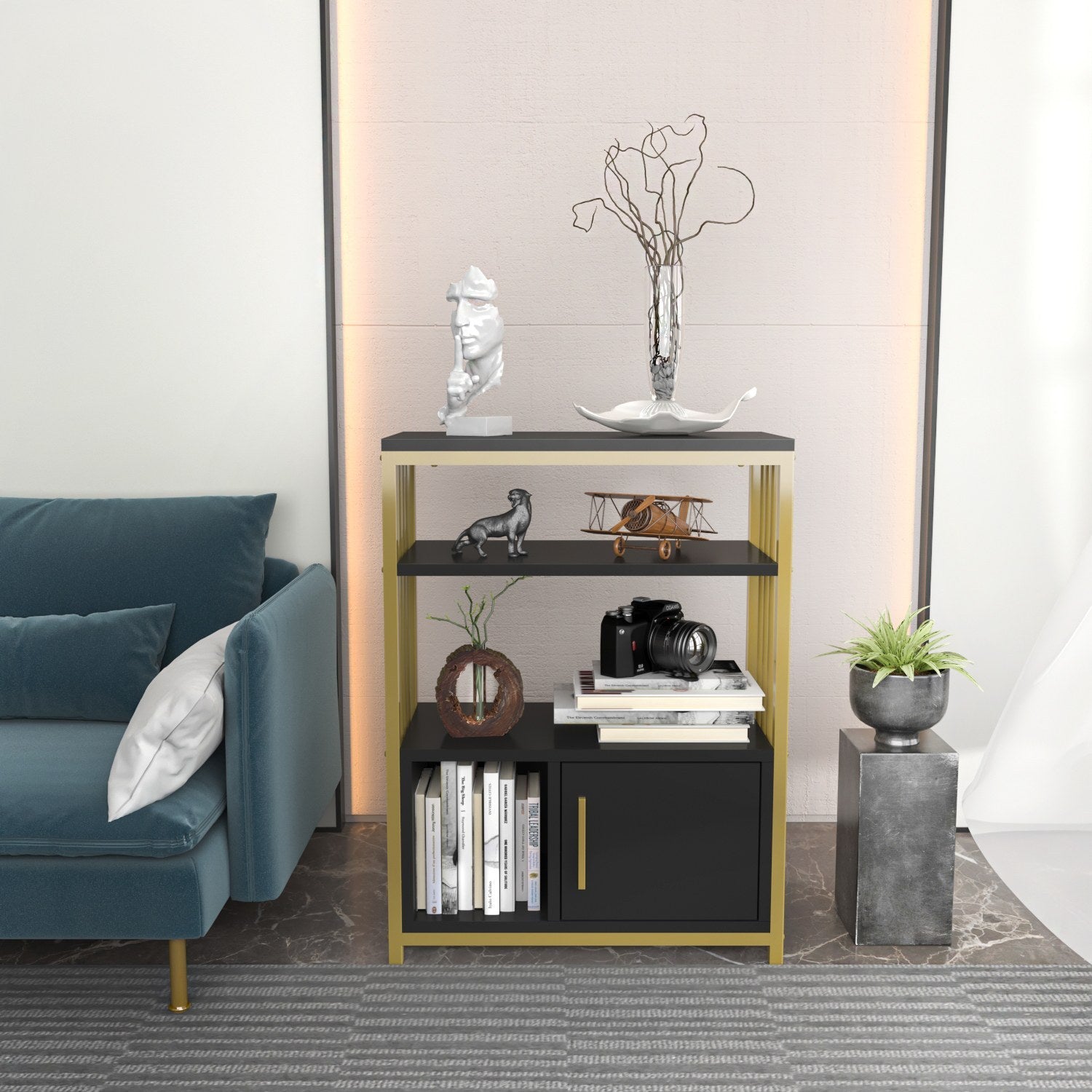Estante elegante em antracite e dourado, 60 x 80 x 29,6 cm | Painel de partículas 100% revestido em melamina, 18 mm de espessura | Perfeita para decoração e armazenamento de casa moderna