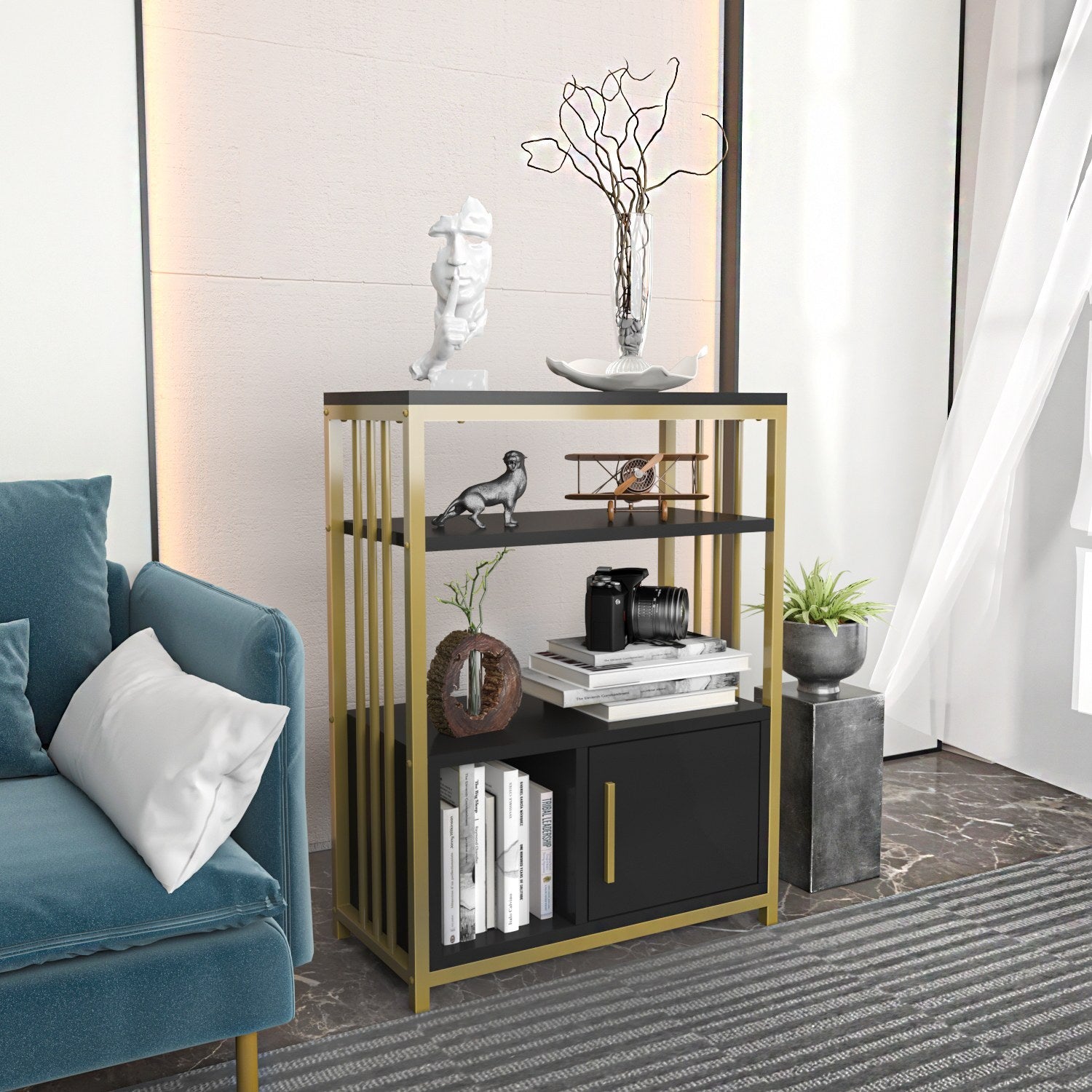 Estante elegante em antracite e dourado, 60 x 80 x 29,6 cm | Painel de partículas 100% revestido em melamina, 18 mm de espessura | Perfeita para decoração e armazenamento de casa moderna