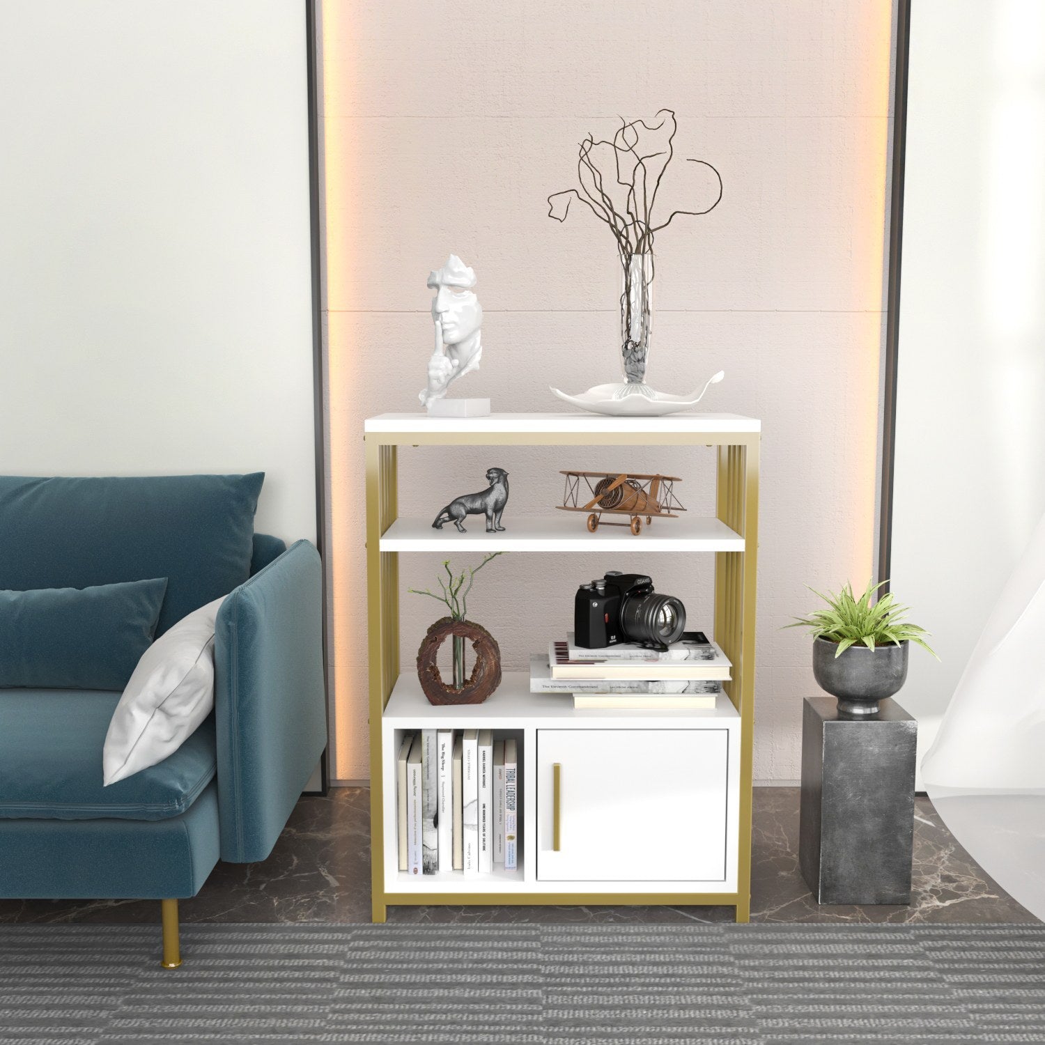 Estante elegante em branco e dourado, 60 x 80 x 29,6 cm | Painel de partículas 100% revestido em melamina, 18 mm de espessura | Armazenamento elegante para casa e escritório modernos