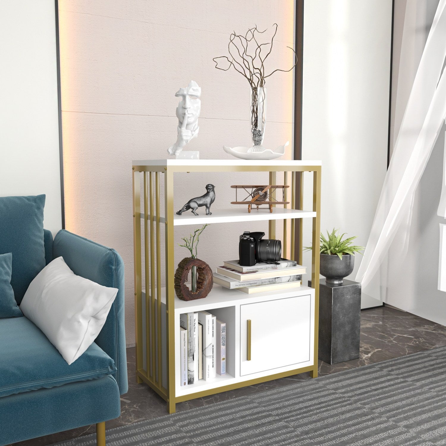 Estante elegante em branco e dourado, 60 x 80 x 29,6 cm | Painel de partículas 100% revestido em melamina, 18 mm de espessura | Armazenamento elegante para casa e escritório modernos