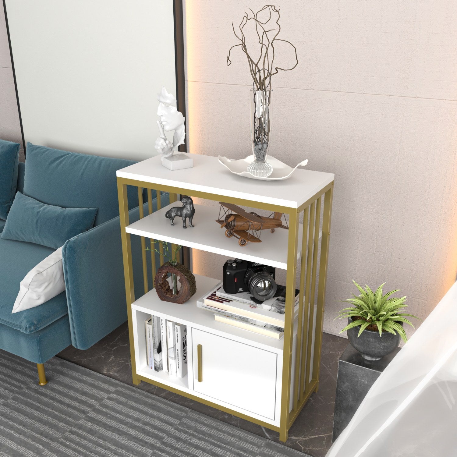 Estante elegante em branco e dourado, 60 x 80 x 29,6 cm | Painel de partículas 100% revestido em melamina, 18 mm de espessura | Armazenamento elegante para casa e escritório modernos