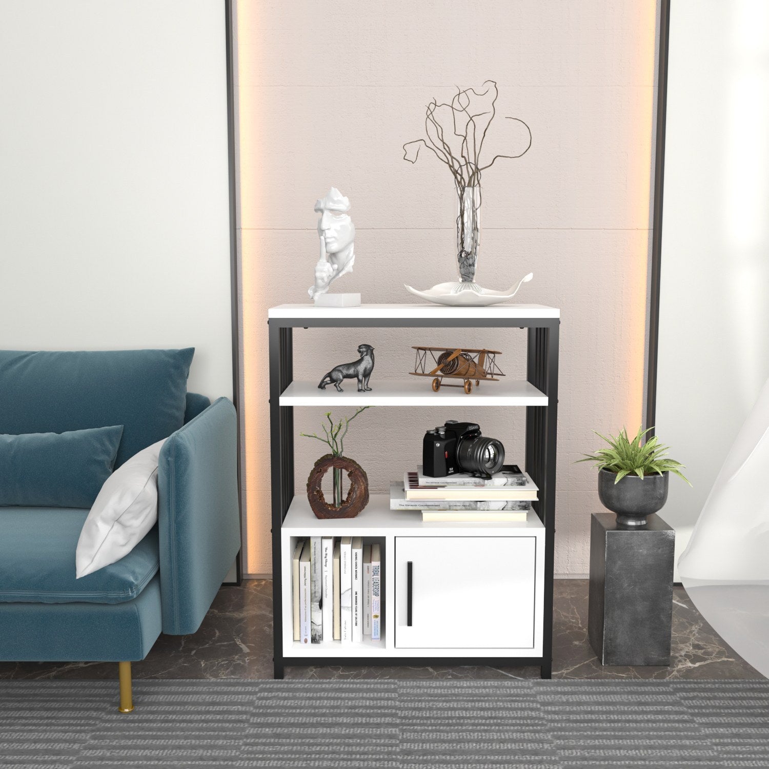 Estante elegante, branca e preta, 60 x 80 x 29,6 cm | Painel de partículas 100% revestido em melamina, 18 mm de espessura | Perfeita para decoração moderna de casa e escritório