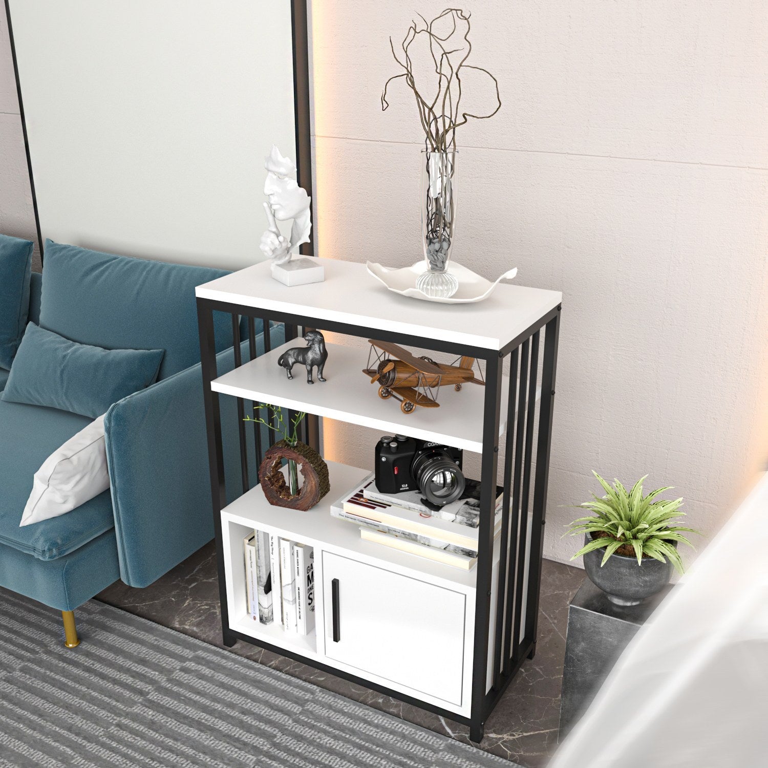 Estante elegante, branca e preta, 60 x 80 x 29,6 cm | Painel de partículas 100% revestido em melamina, 18 mm de espessura | Perfeita para decoração moderna de casa e escritório