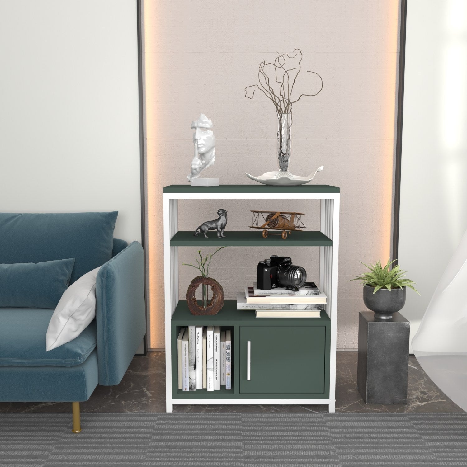 Estante elegante em verde e branco, 60 x 80 x 29,6 cm | Painel de partículas 100% revestido em melamina, 18 mm de espessura | Perfeita para decoração moderna de casa e escritório