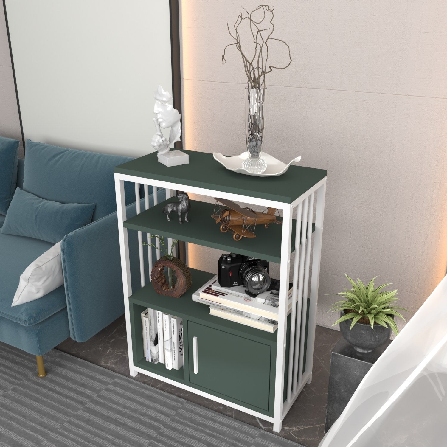 Estante elegante em verde e branco, 60 x 80 x 29,6 cm | Painel de partículas 100% revestido em melamina, 18 mm de espessura | Perfeita para decoração moderna de casa e escritório