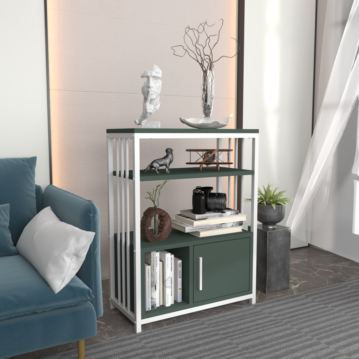 Estante elegante em verde e branco, 60 x 80 x 29,6 cm | Painel de partículas 100% revestido em melamina, 18 mm de espessura | Perfeita para decoração moderna de casa e escritório