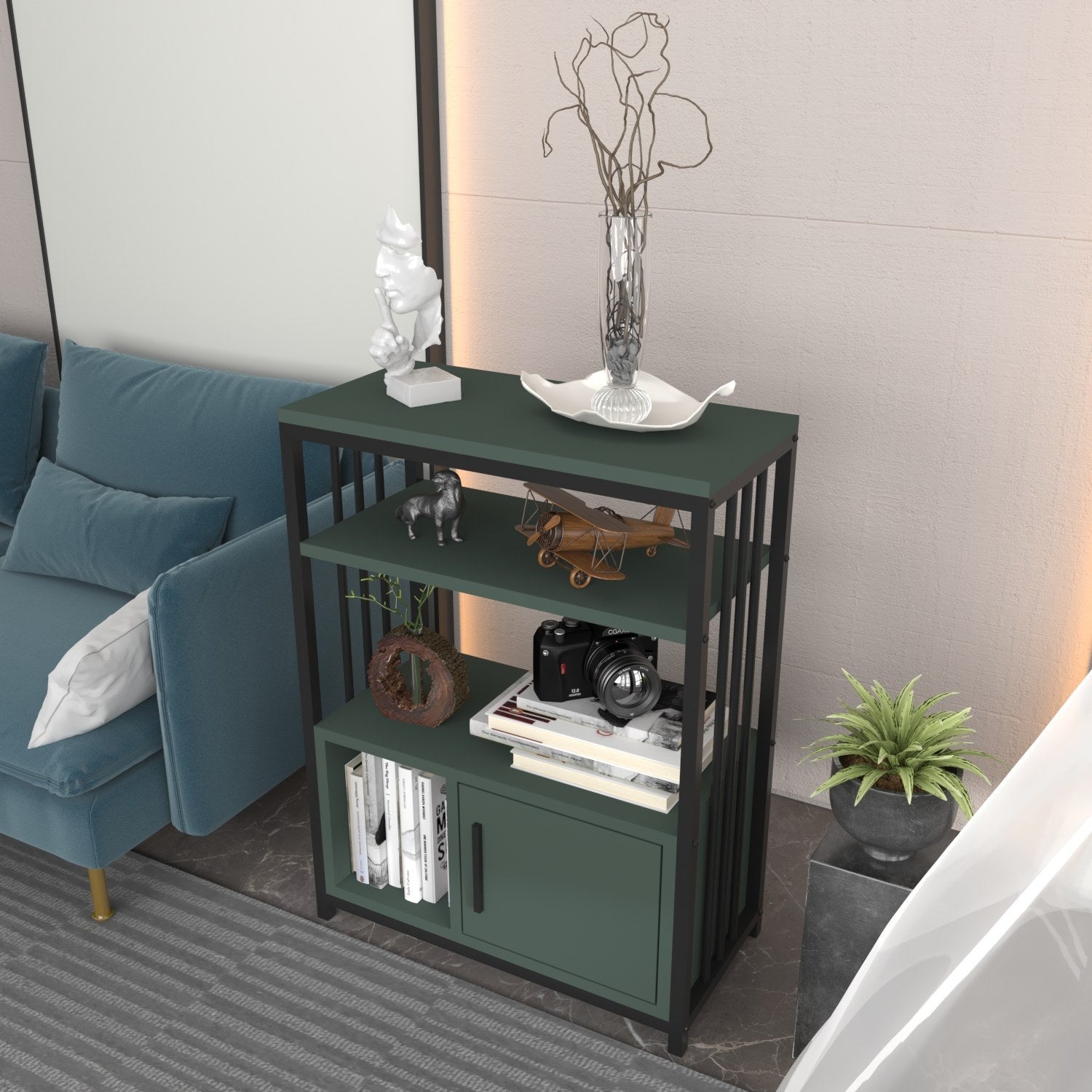 Estante elegante em verde e preto, 60 x 80 x 29,6 cm | Painel de partículas 100% revestido em melamina, 18 mm de espessura | Perfeita para decoração moderna de casa e escritório